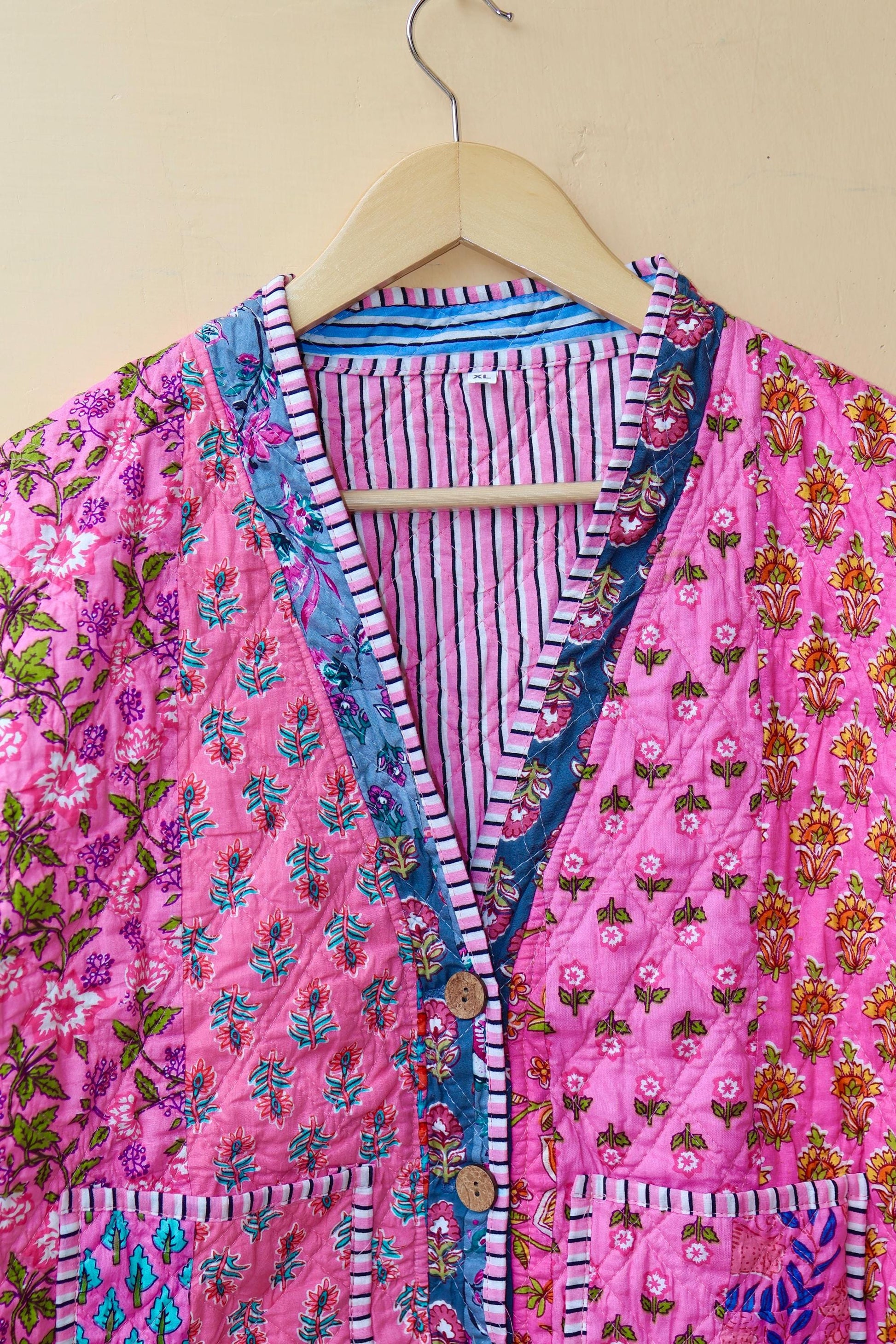 Indian Handmade Cotton Kantha Patchwork Quilted Jacket/Coat Block print Women's Reversible Clothing Kimono Vintage Valentine Gift for Her