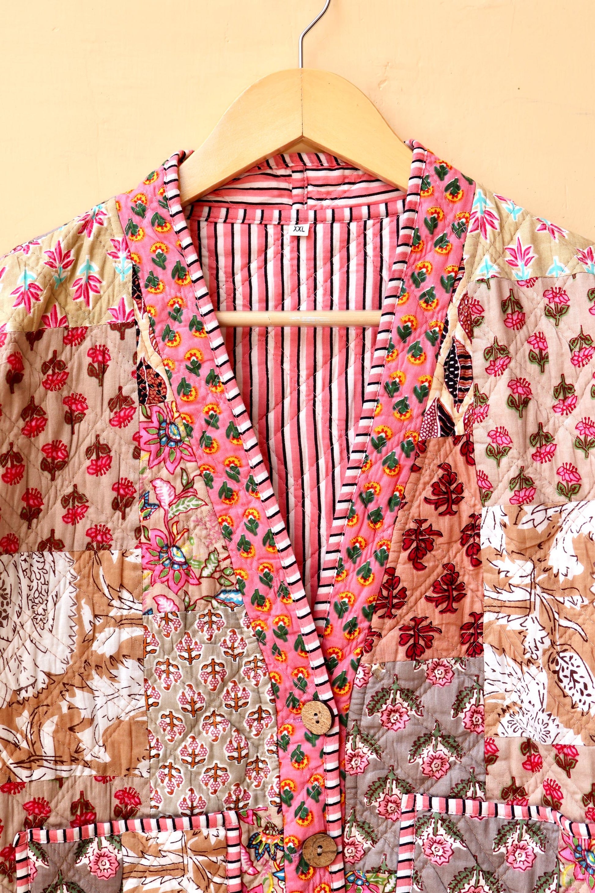 Indian Handmade Cotton Kantha Jacket, V-Neck Vintage Patchwork Women’s Quilted Reversible Kimono Coat, Boho Style, Spring Gift for her