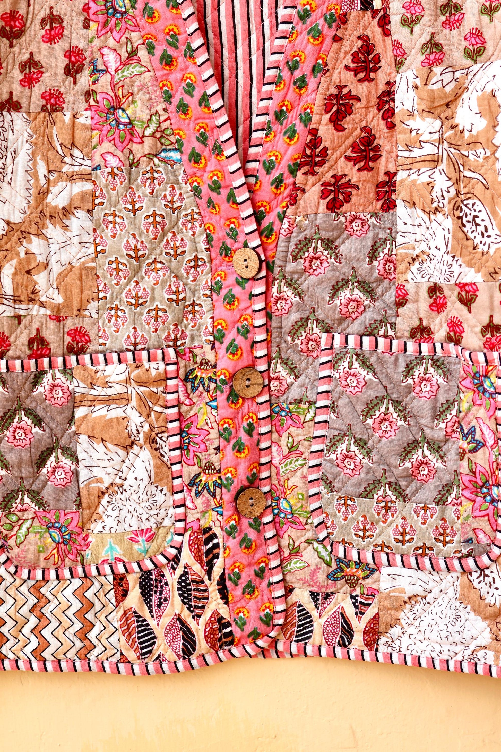 Indian Handmade Cotton Kantha Jacket, V-Neck Vintage Patchwork Women’s Quilted Reversible Kimono Coat, Boho Style, Spring Gift for her
