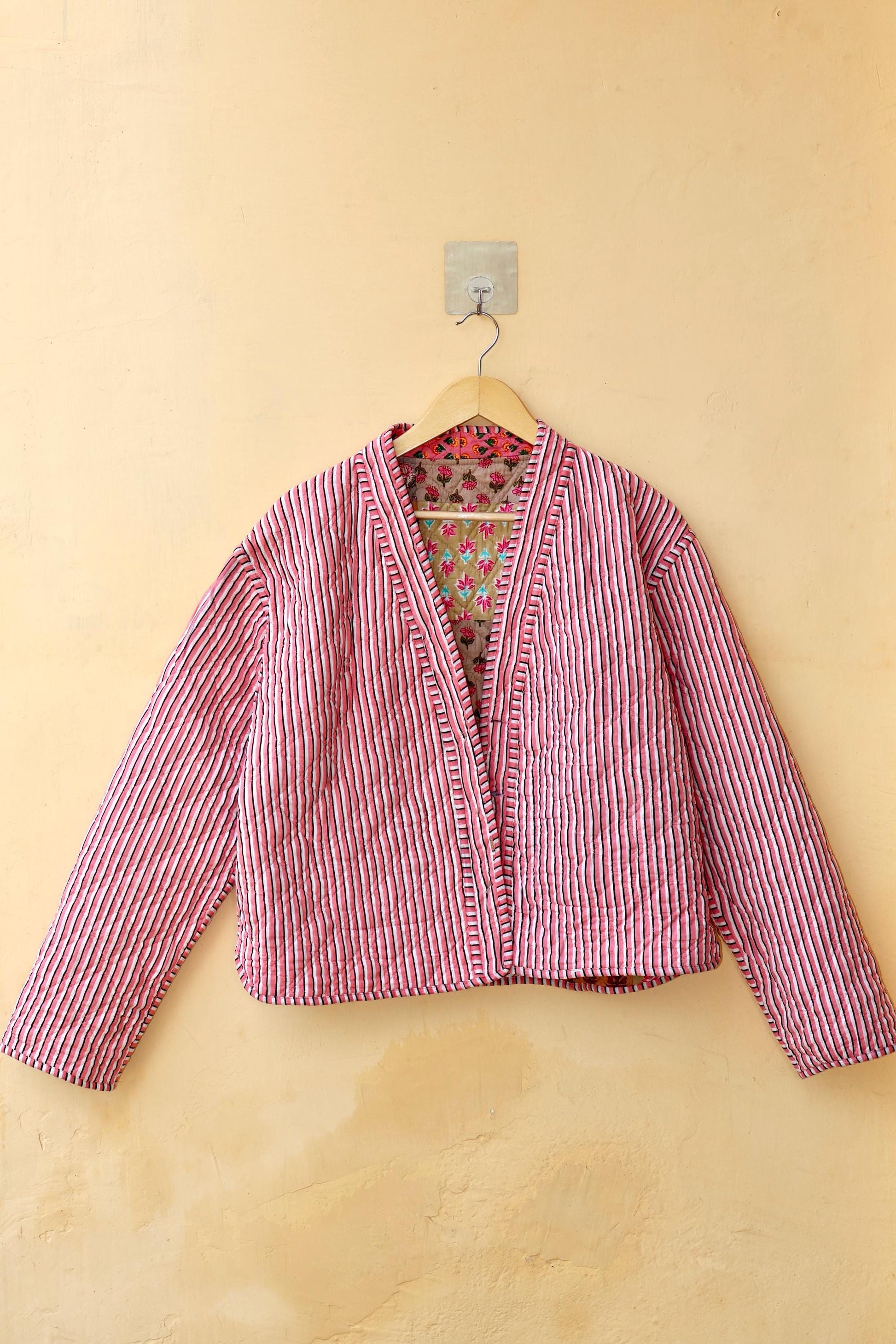 Indian Handmade Cotton Kantha Jacket, V-Neck Vintage Patchwork Women’s Quilted Reversible Kimono Coat, Boho Style, Spring Gift for her
