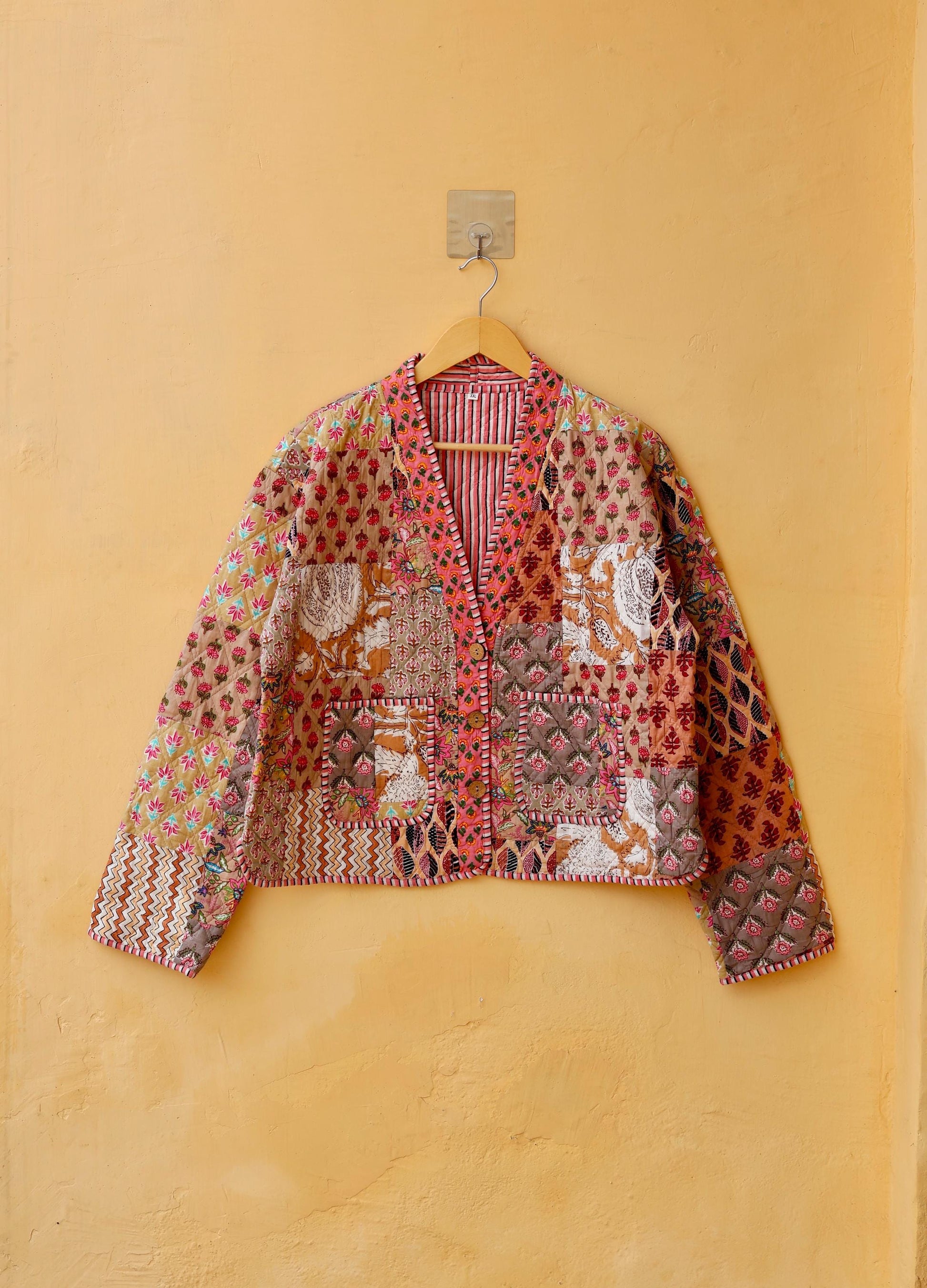 Indian Handmade Cotton Kantha Jacket, V-Neck Vintage Patchwork Women’s Quilted Reversible Kimono Coat, Boho Style, Spring Gift for her
