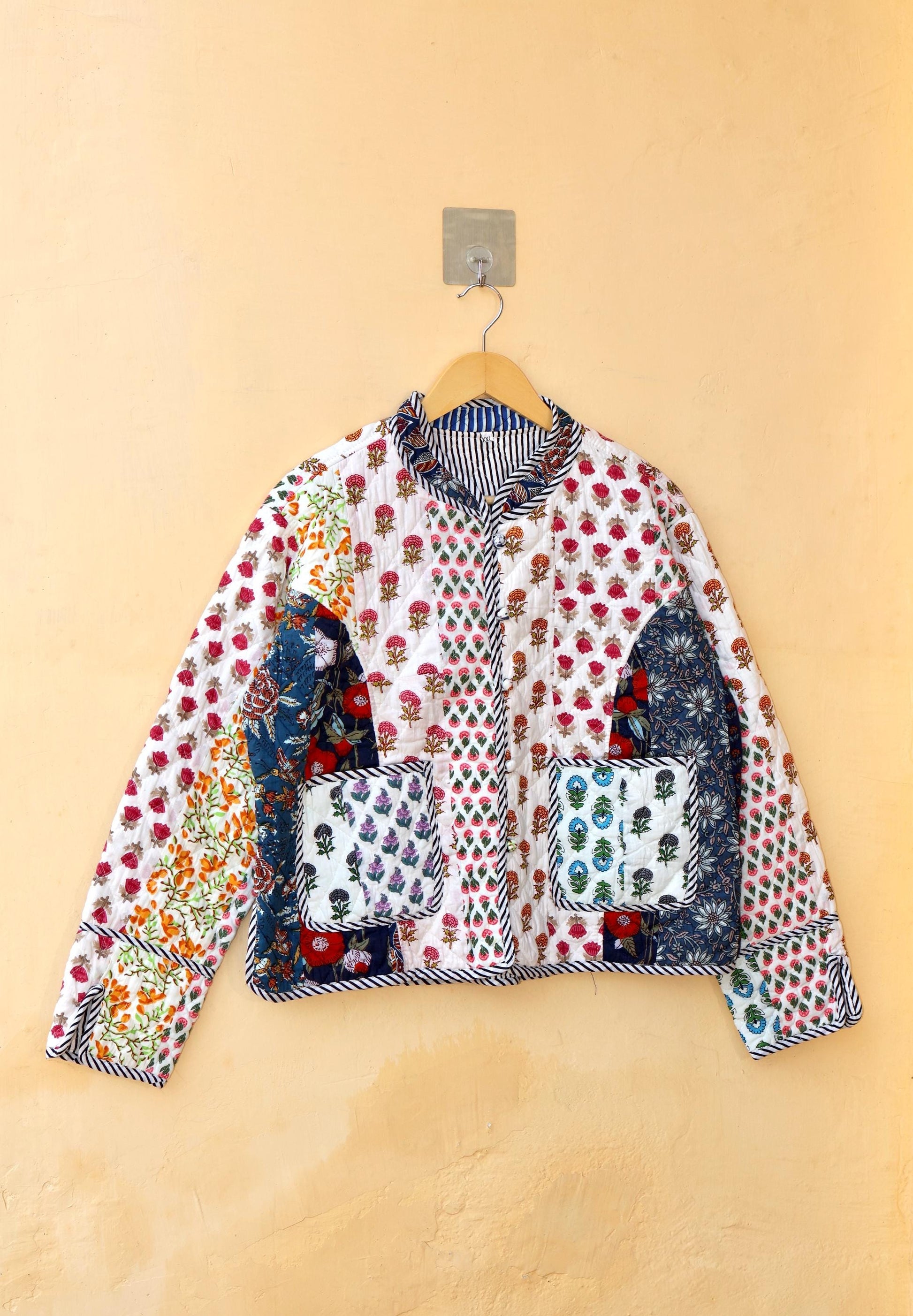Indian Handmade Cotton Kantha Patchwork Quilted Jacket/Coat Block print Women's Reversible Clothing Kimono Vintage Valentine Gift for Her