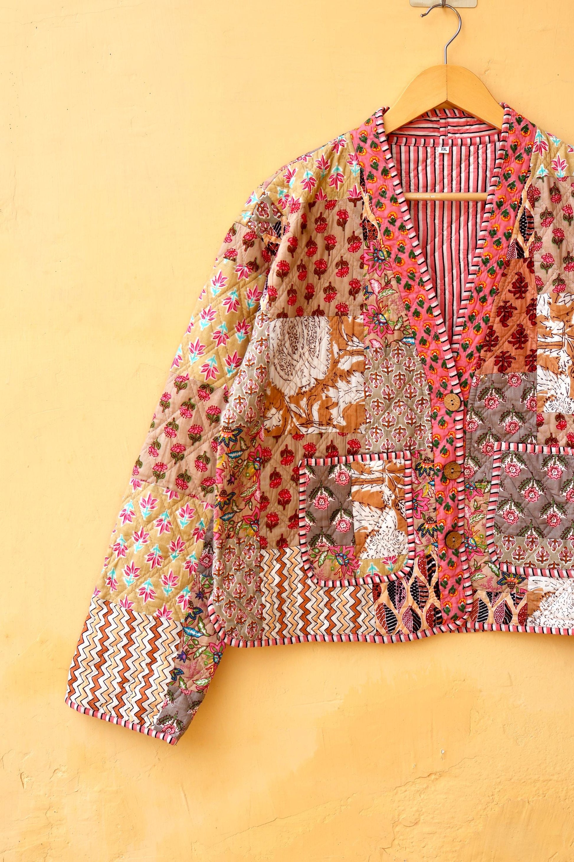 Indian Handmade Cotton Kantha Jacket, V-Neck Vintage Patchwork Women’s Quilted Reversible Kimono Coat, Boho Style, Spring Gift for her