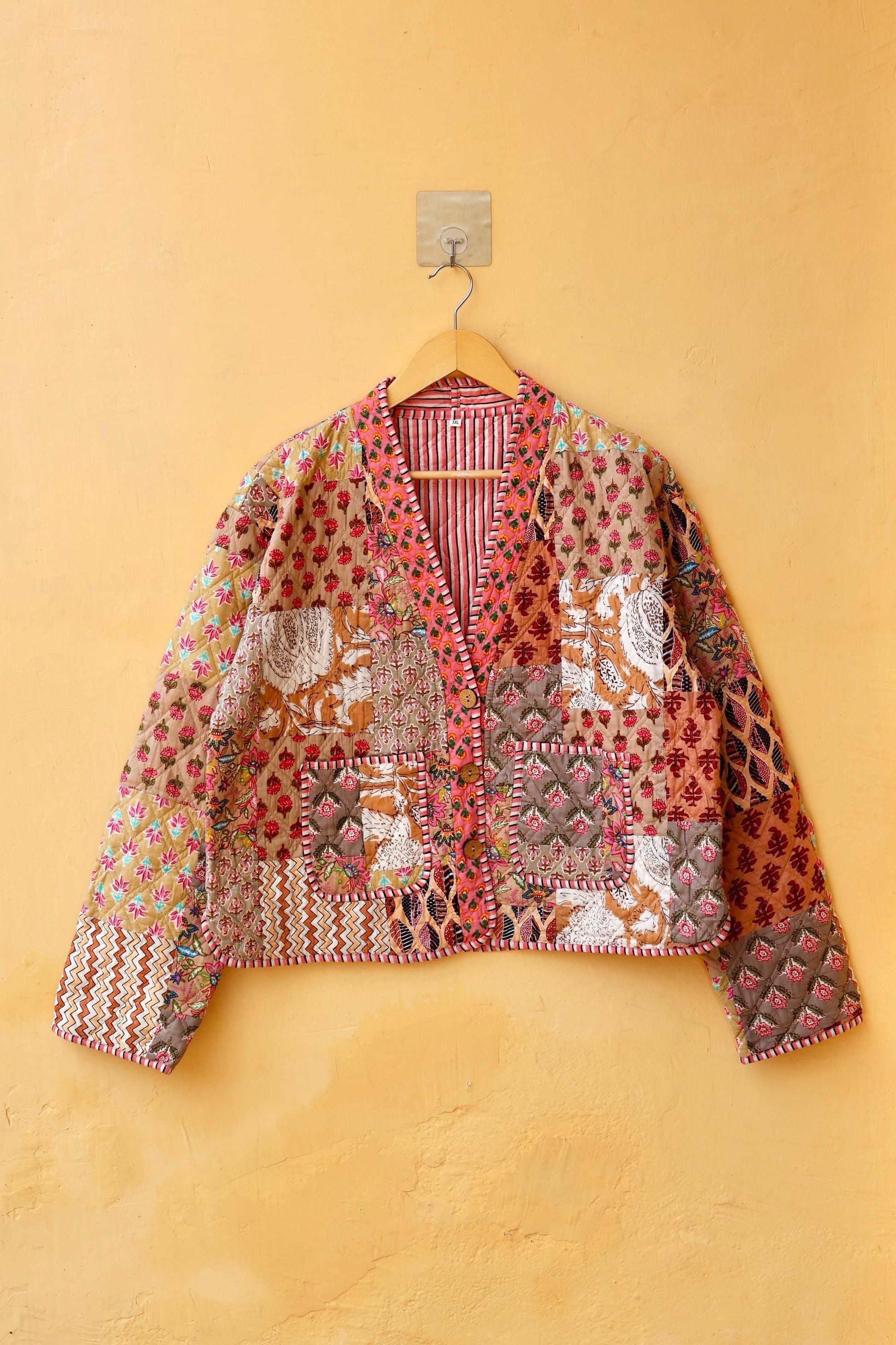 Indian Handmade Cotton Kantha Jacket, V-Neck Vintage Patchwork Women’s Quilted Reversible Kimono Coat, Boho Style, Spring Gift for her