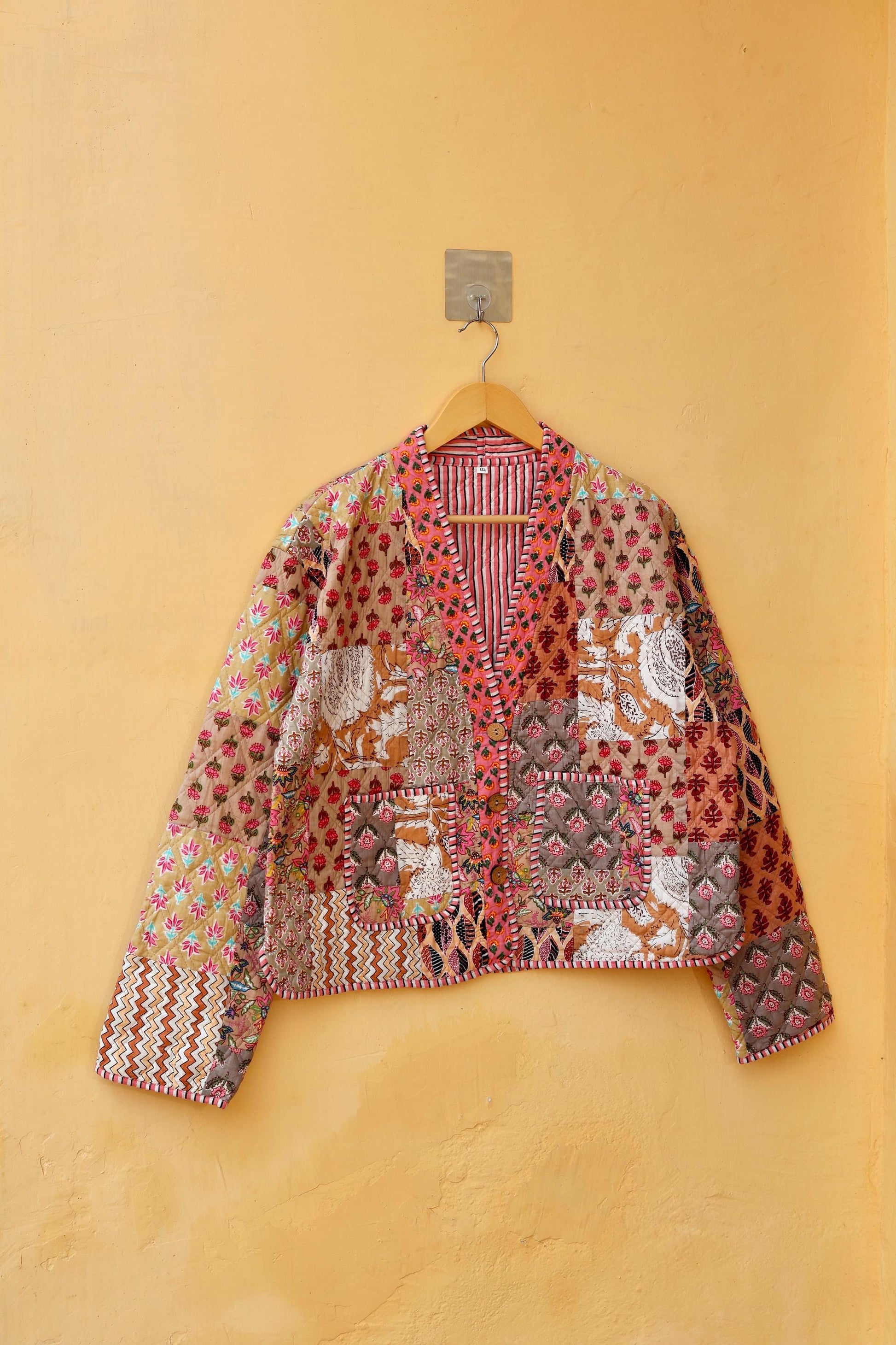 Indian Handmade Cotton Kantha Jacket, V-Neck Vintage Patchwork Women’s Quilted Reversible Kimono Coat, Boho Style, Spring Gift for her