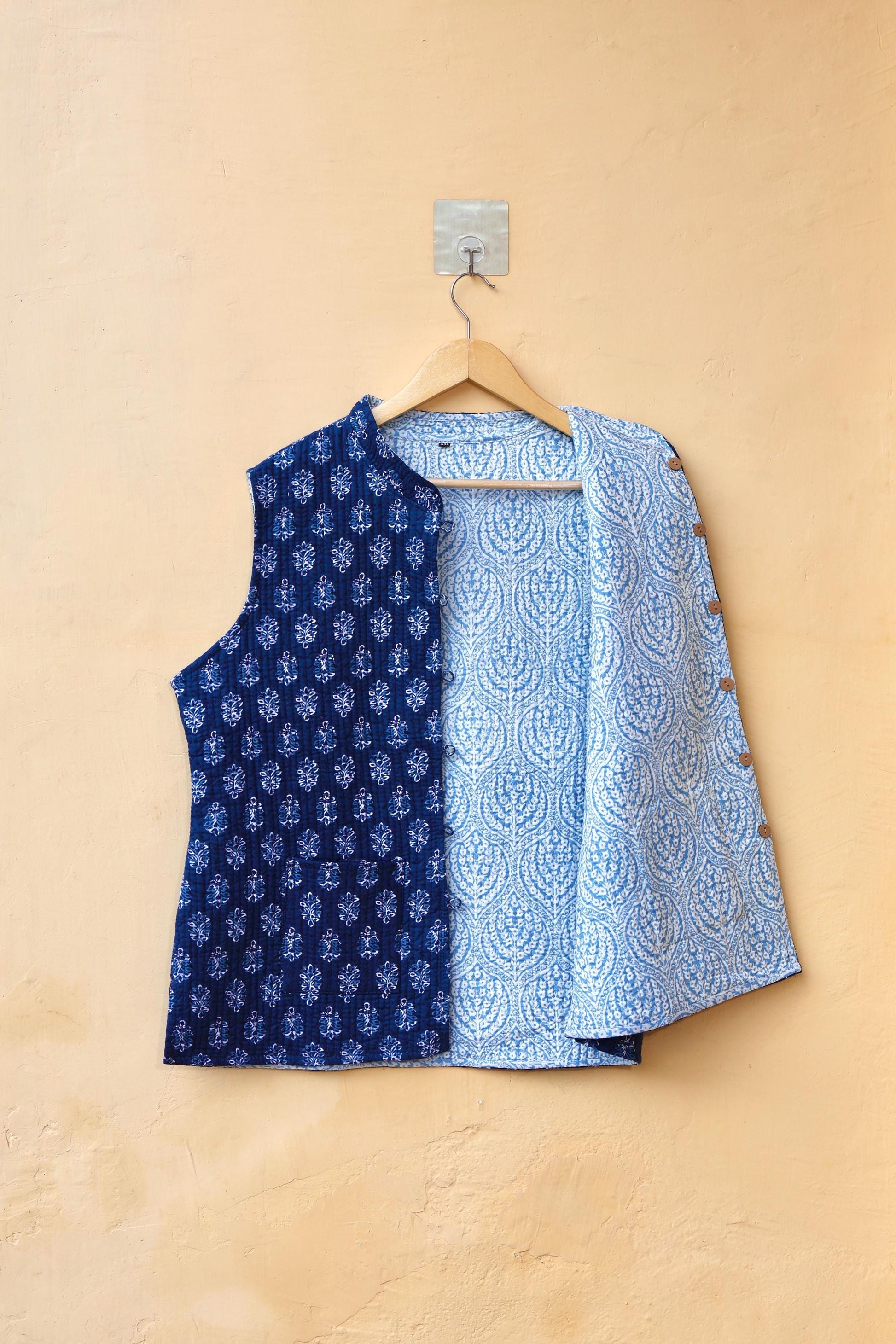 Indian Handmade Quilted Cotton Sleeveless Jacket Blue & Red Stylish Women's Vest, Reversible Waistcoat for Her