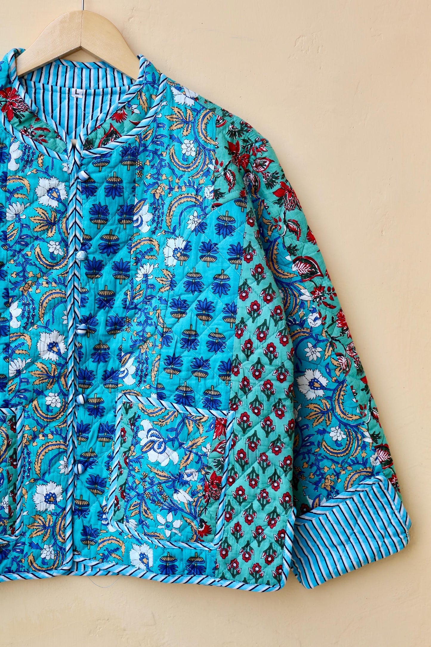 Indian Handmade Cotton Kantha Patchwork Quilted Jacket/Coat Block print Women's Reversible Clothing Kimono Vintage Valentine Gift for Her