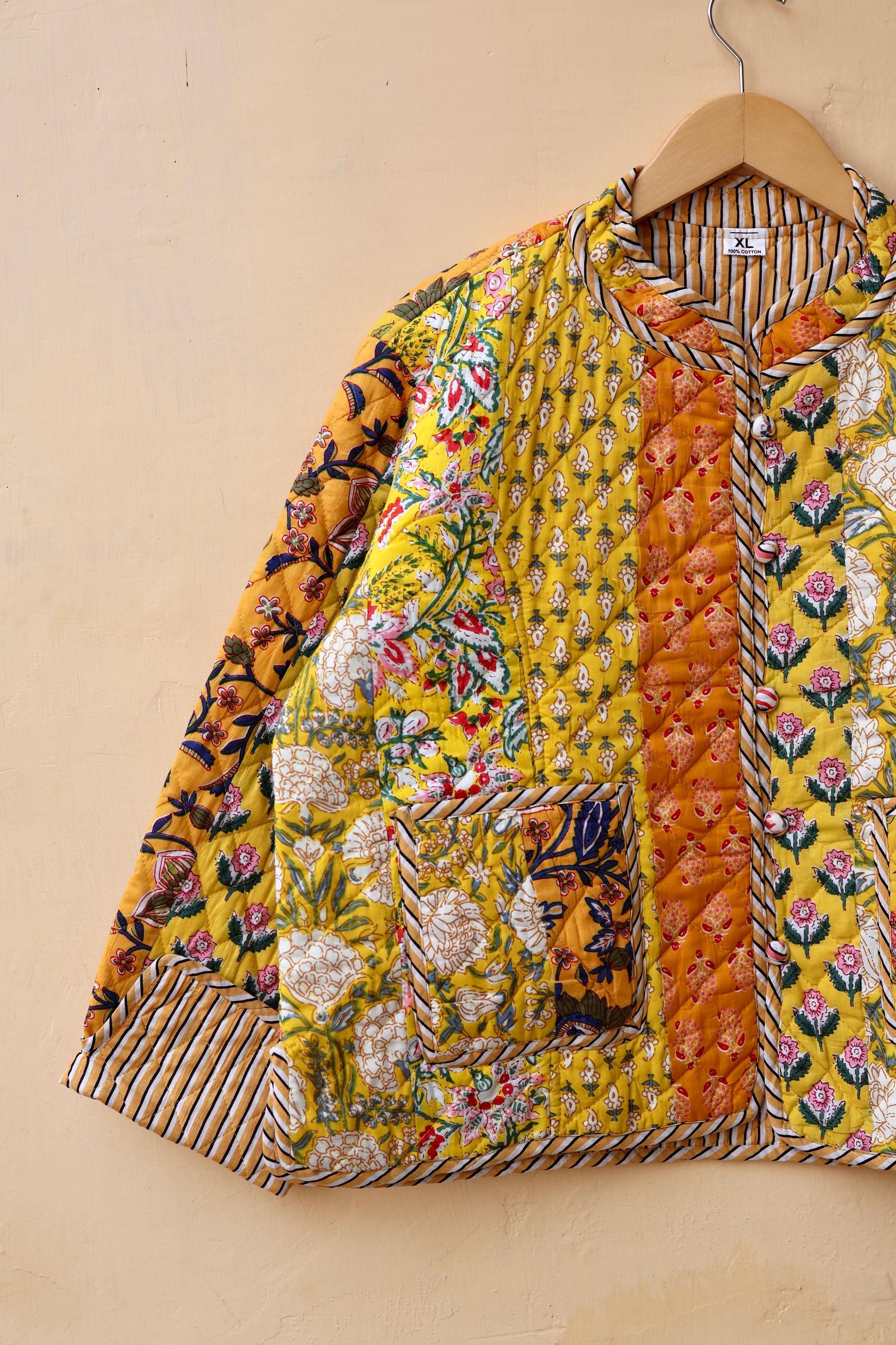 Indian Handmade Quilted Cotton Jacket Yellow Patchwork Women's Reversible Coat, Kimono Vintage Bohemian Jacket, Spring Style Gift for Her