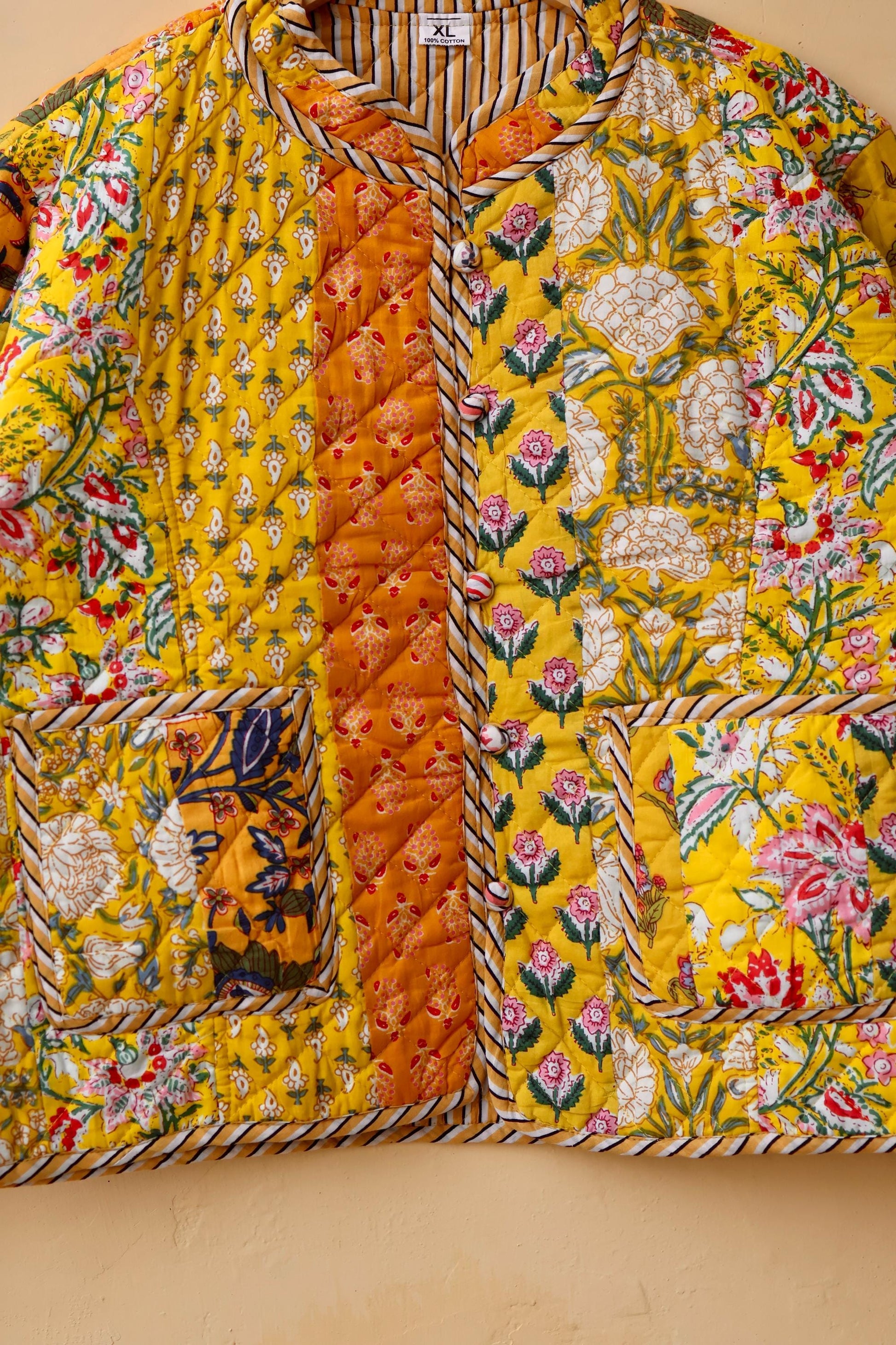 Indian Handmade Quilted Cotton Jacket Yellow Patchwork Women's Reversible Coat, Kimono Vintage Bohemian Jacket, Spring Style Gift for Her