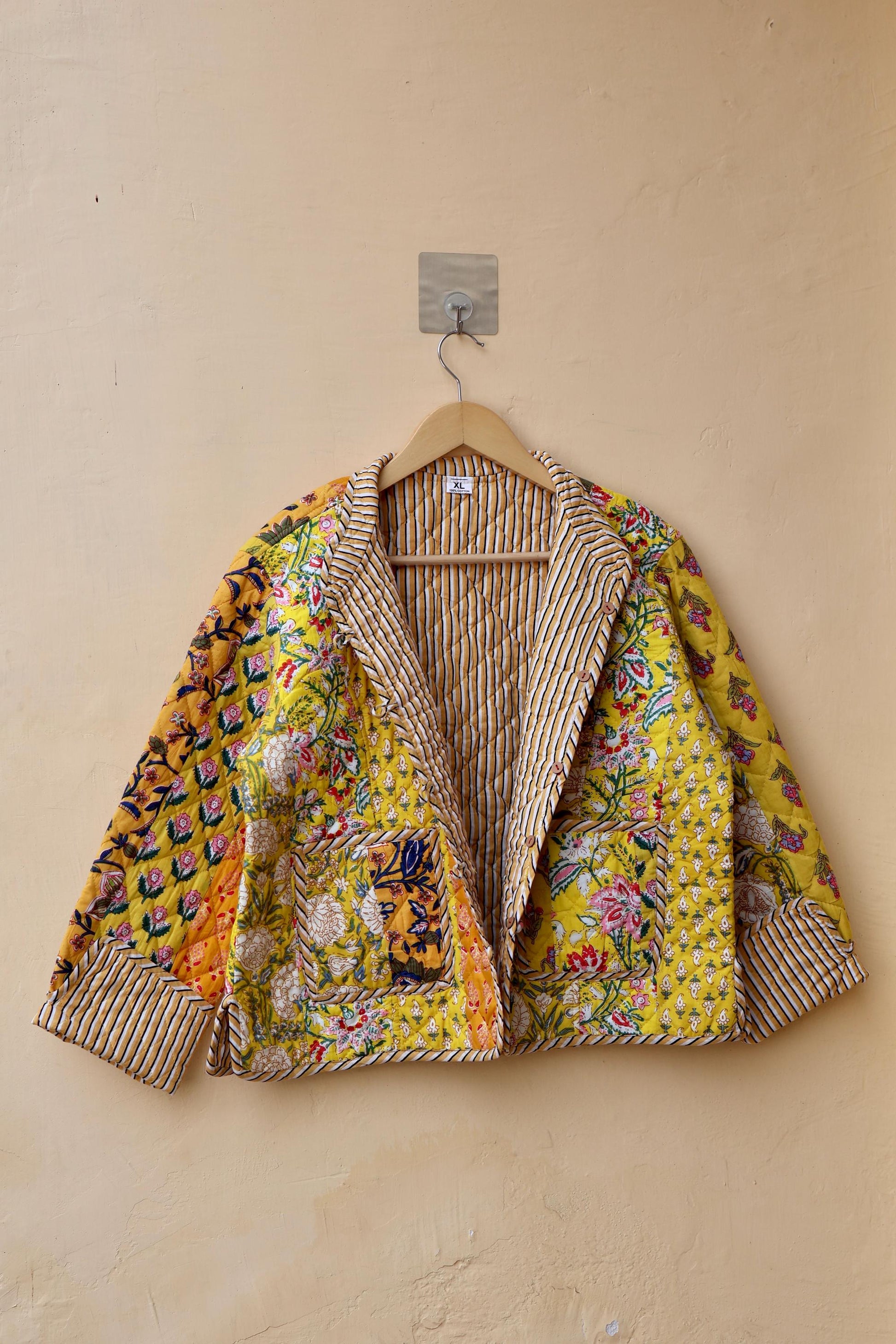 Indian Handmade Quilted Cotton Jacket Yellow Patchwork Women's Reversible Coat, Kimono Vintage Bohemian Jacket, Spring Style Gift for Her