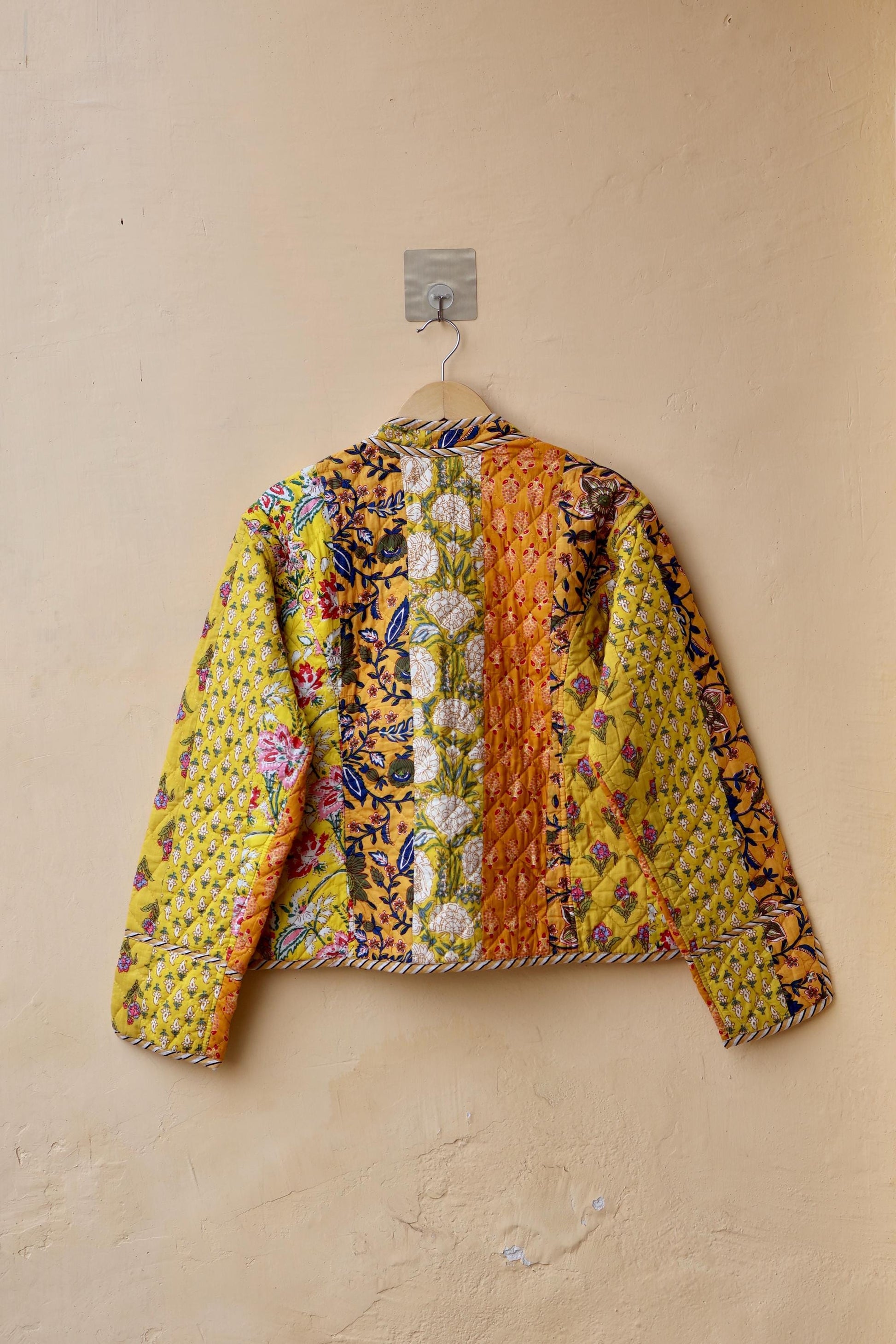 Indian Handmade Quilted Cotton Jacket Yellow Patchwork Women's Reversible Coat, Kimono Vintage Bohemian Jacket, Spring Style Gift for Her