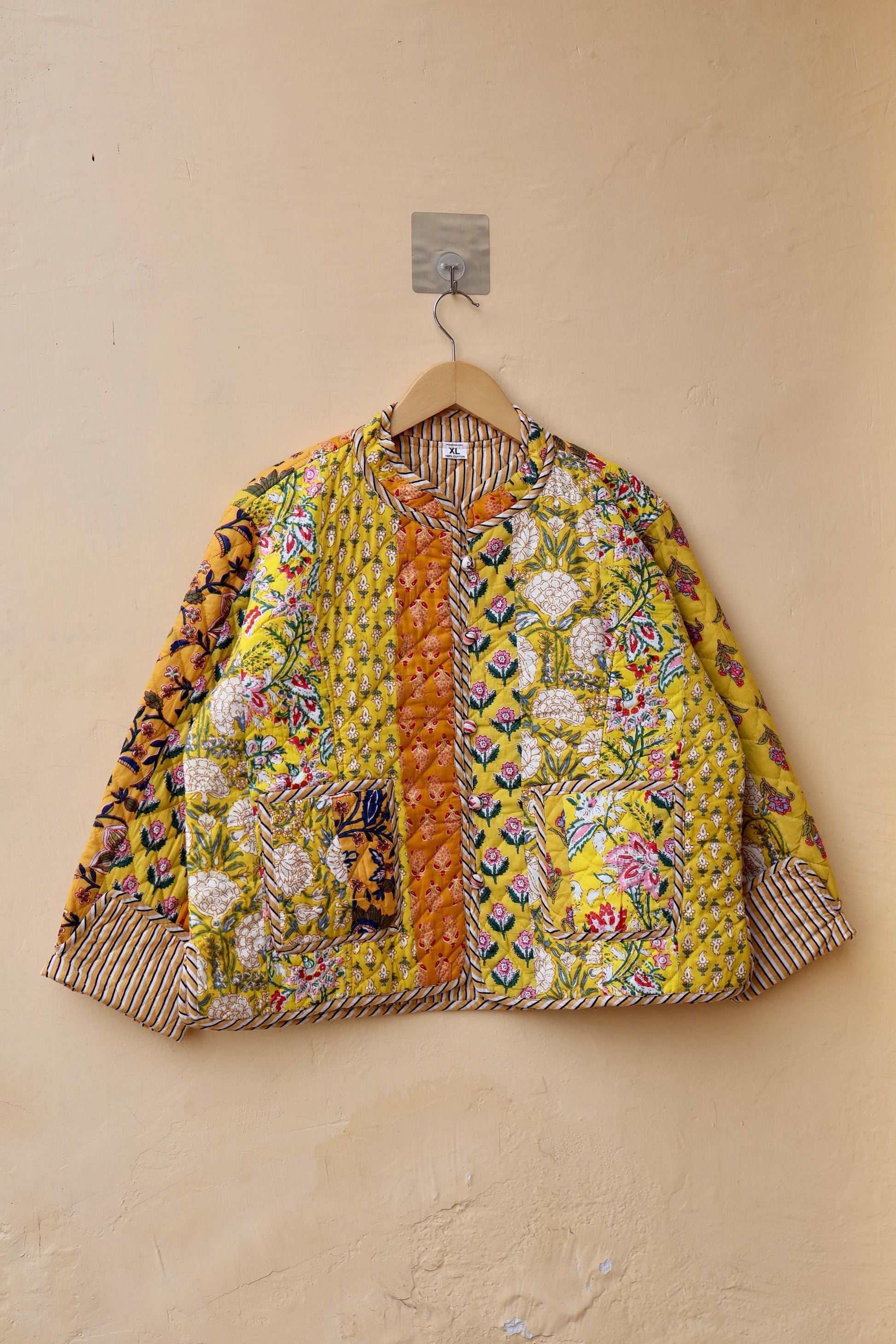 Indian Handmade Quilted Cotton Jacket Yellow Patchwork Women's Reversible Coat, Kimono Vintage Bohemian Jacket, Spring Style Gift for Her