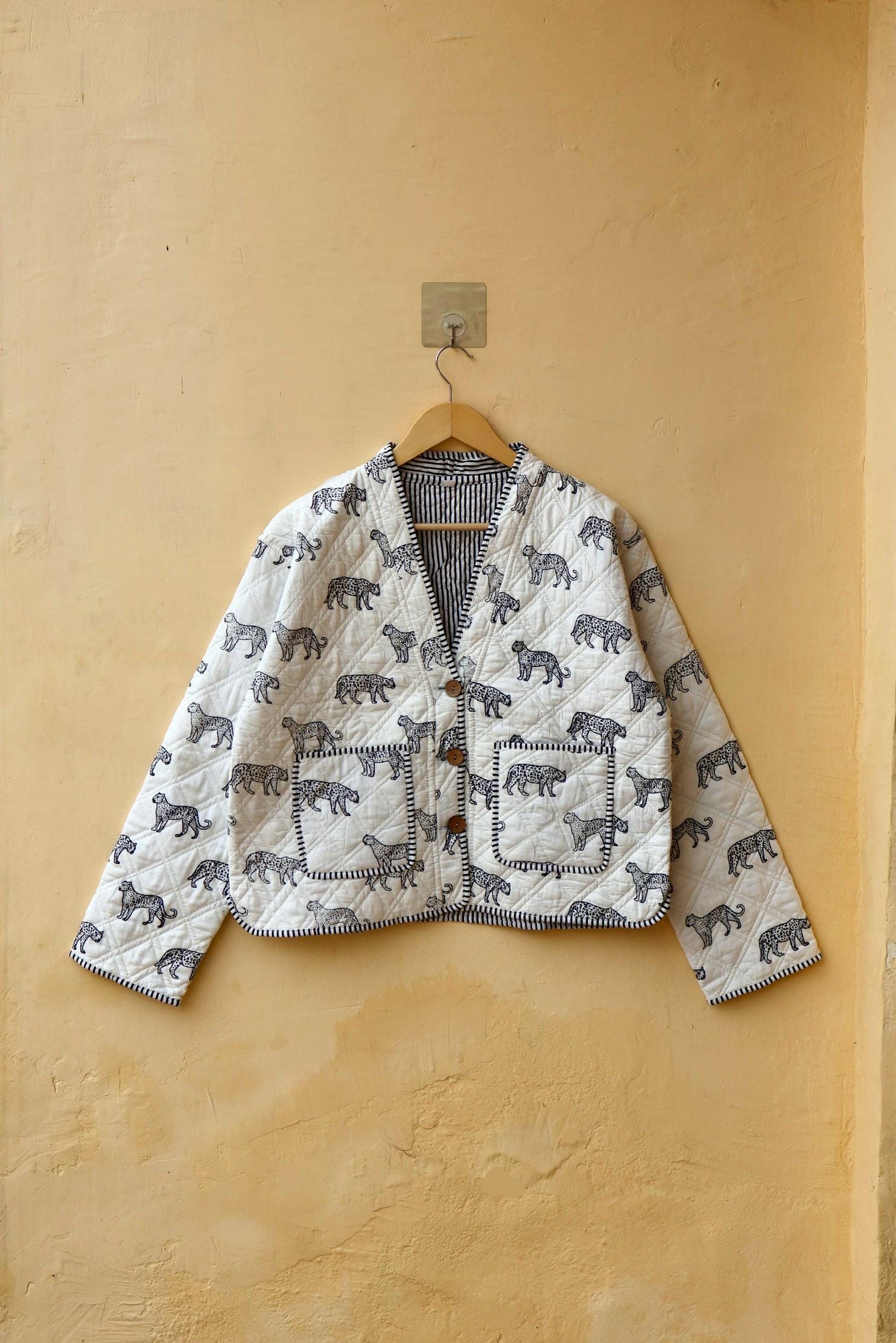 Indian Handmade Cotton Quilted Jacket, Vintage Cheetah Hand Block Print Women's Reversible Boho Clothing Kimono Spring Gift for Her
