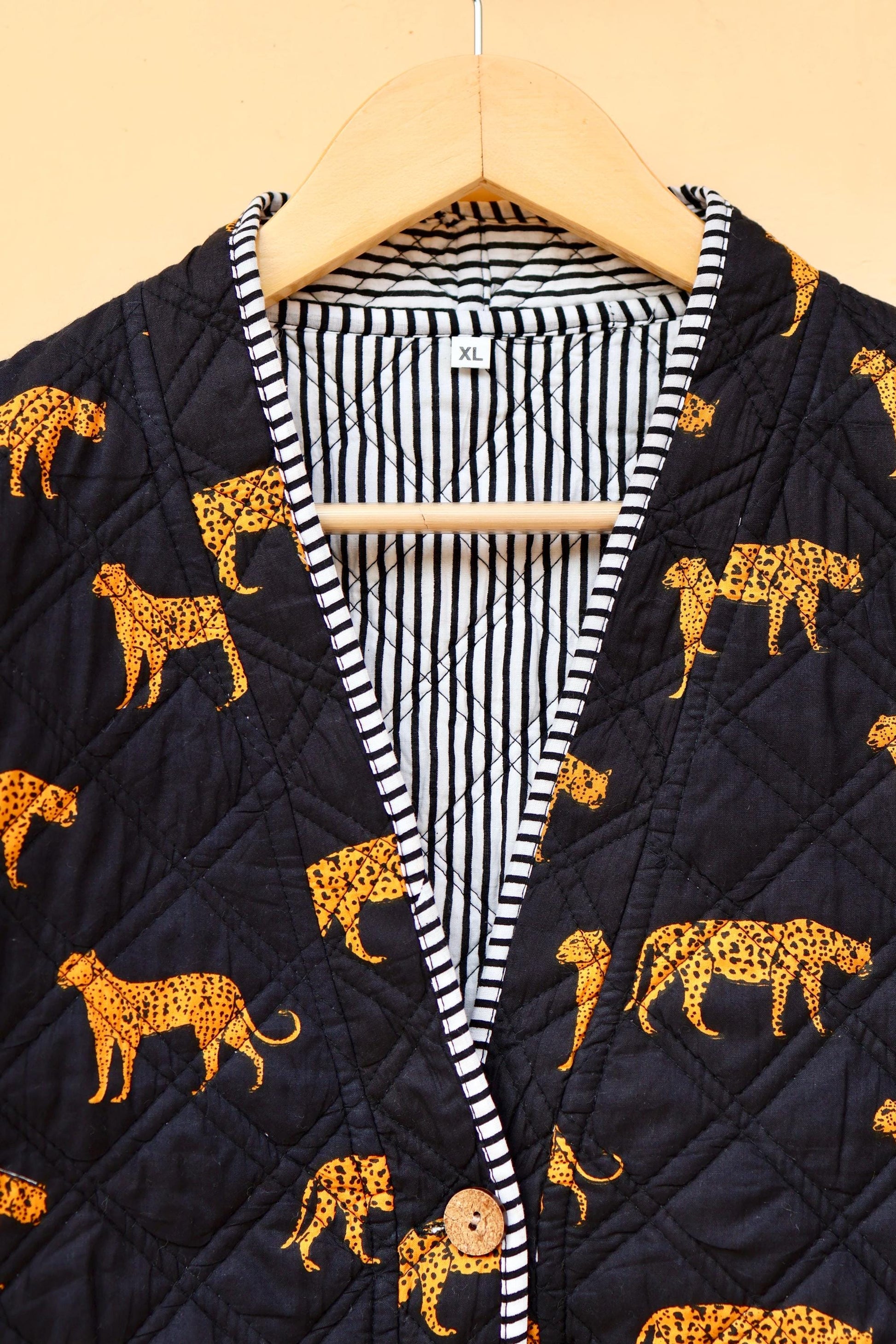 Cotton Quilted Jacket, Indian Handmade Kantha Boho Coat, Cheetah Print V-Neck Hand Block Women's Clothing Jacket, Spring Gift for her