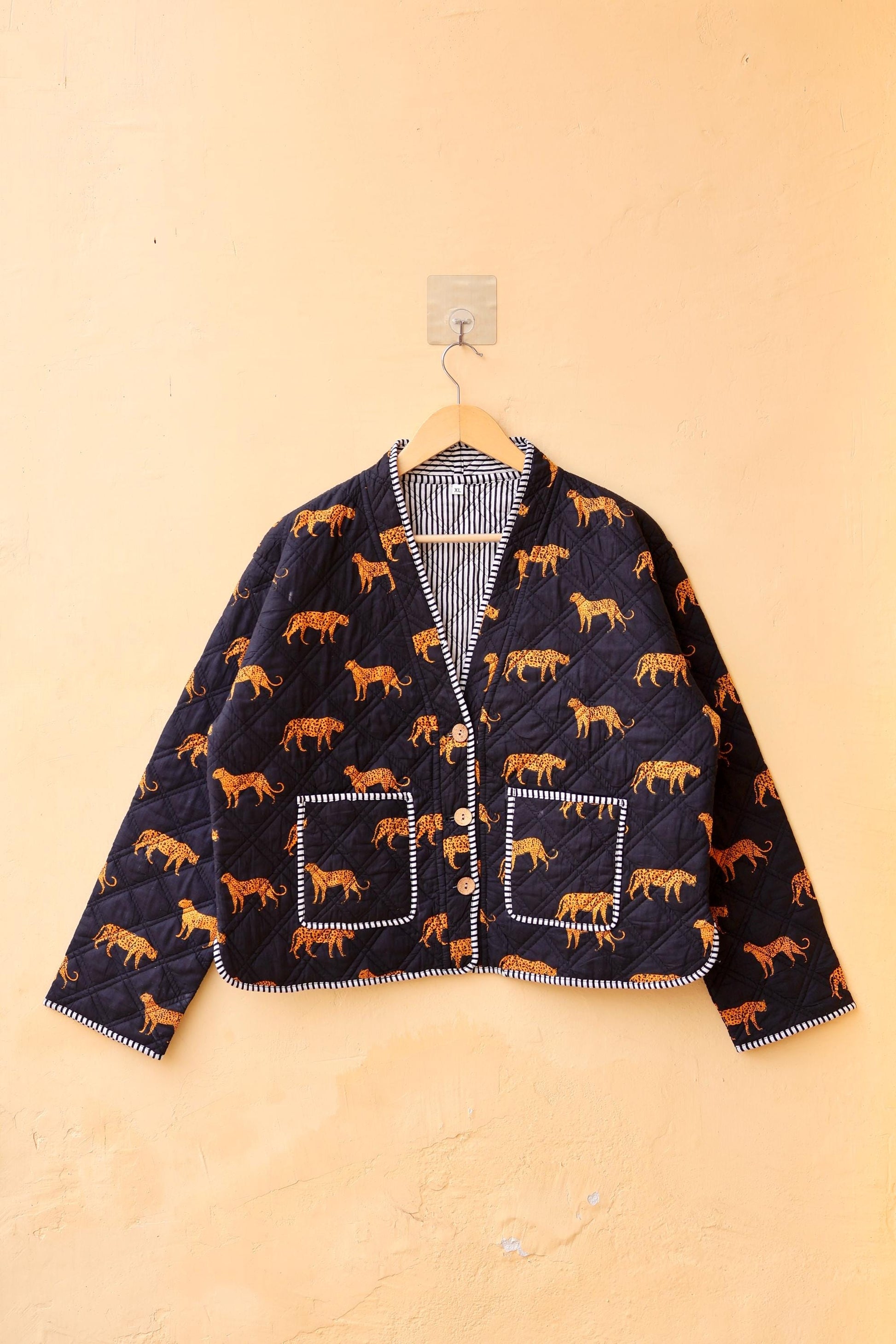 Cotton Quilted Jacket, Indian Handmade Kantha Boho Coat, Cheetah Print V-Neck Hand Block Women's Clothing Jacket, Spring Gift for her
