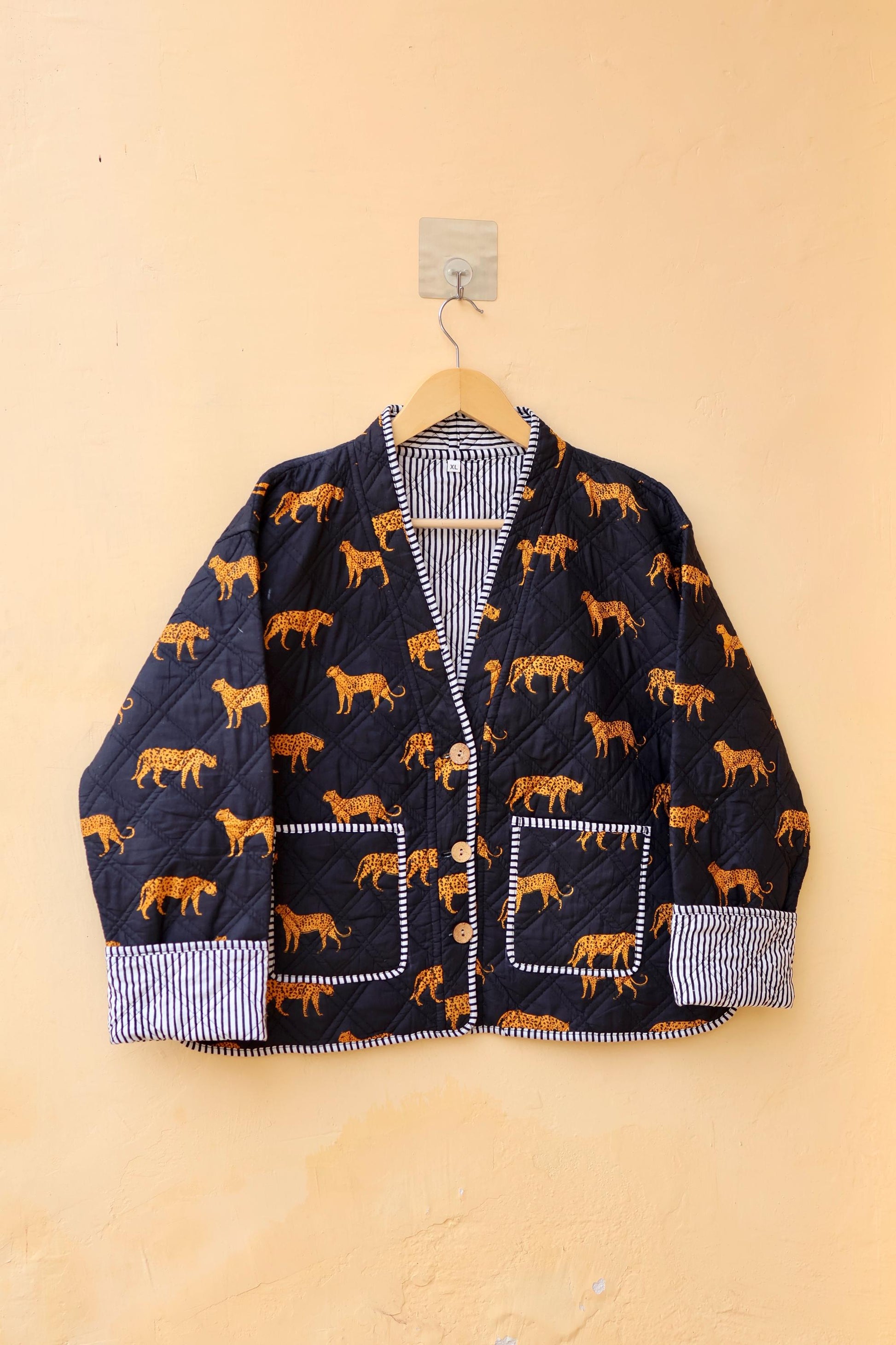 Cotton Quilted Jacket, Indian Handmade Kantha Boho Coat, Cheetah Print V-Neck Hand Block Women's Clothing Jacket, Spring Gift for her