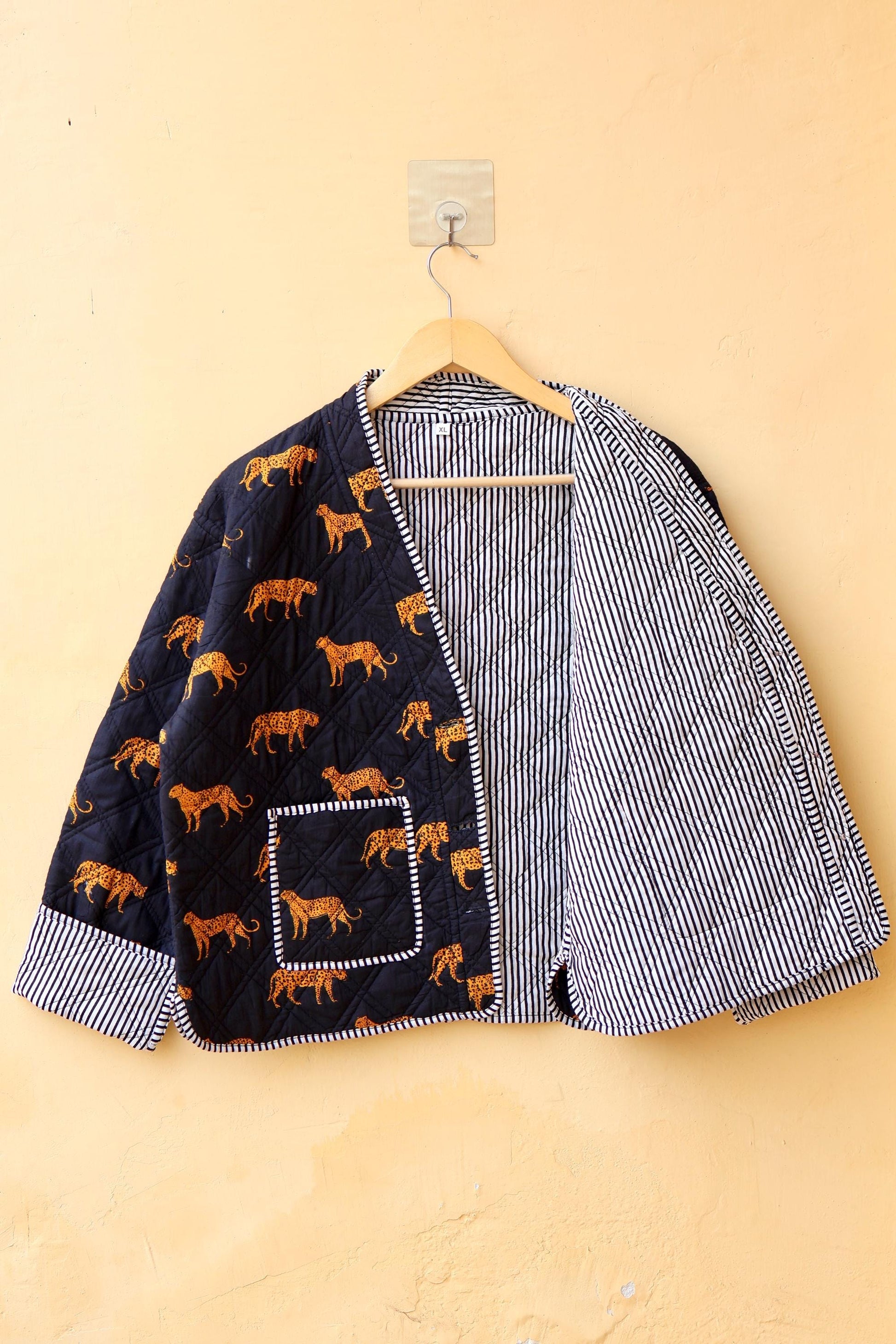 Cotton Quilted Jacket, Indian Handmade Kantha Boho Coat, Cheetah Print V-Neck Hand Block Women's Clothing Jacket, Spring Gift for her