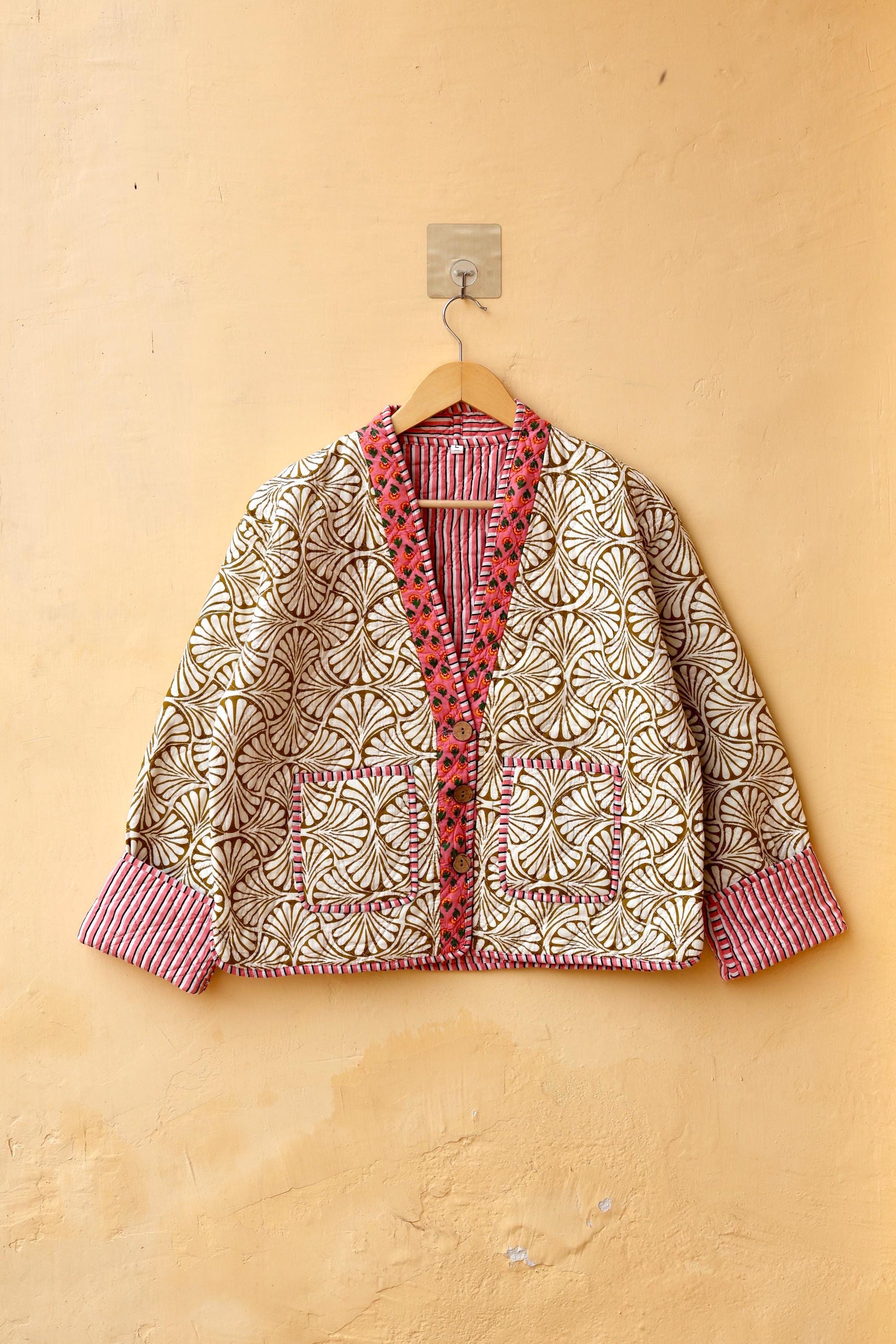 Vintage Indian Hand-Block Printed Cotton Kantha Floral Quilted Jacket, Women's Reversible Clothing Spring Kimono Jacket Gift for Her