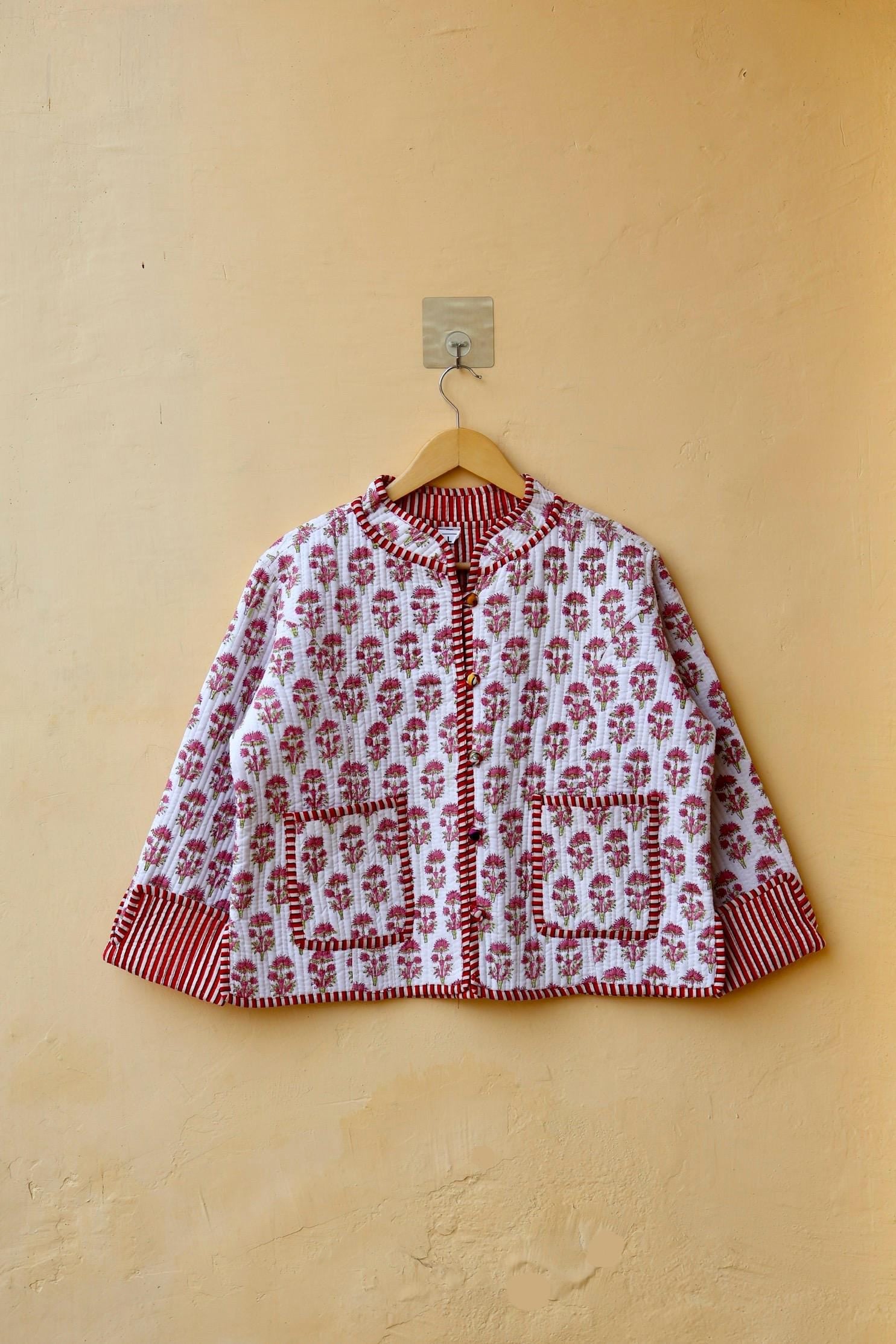 Indian Handmade Cotton Kantha Patchwork Quilted Jacket/Coat Vintage Block print Women's Reversible Clothing Kimono Valentine Gift for Her