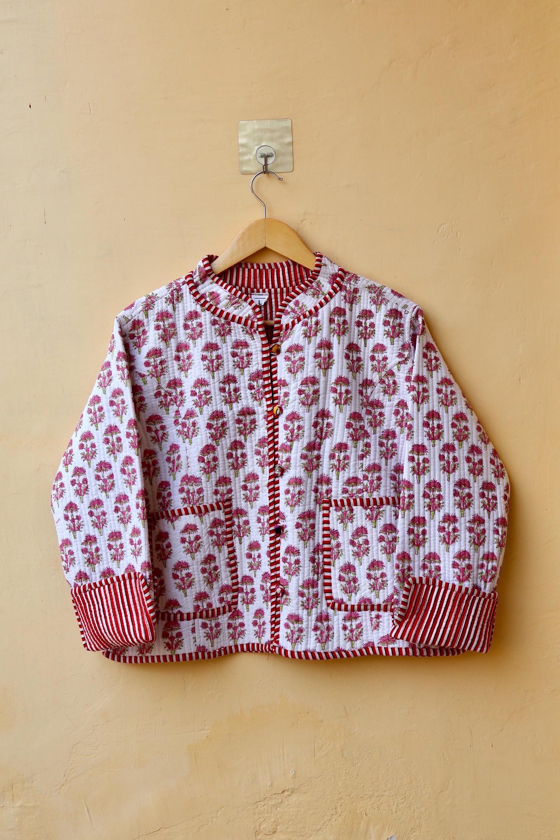Indian Handmade Cotton Kantha Patchwork Quilted Jacket/Coat Vintage Block print Women's Reversible Clothing Kimono Valentine Gift for Her