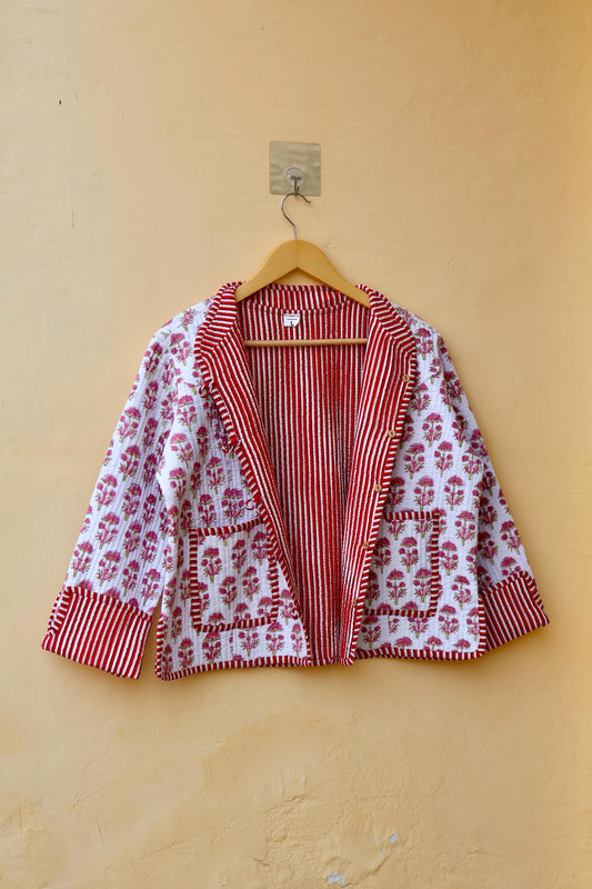 Indian Handmade Cotton Kantha Patchwork Quilted Jacket/Coat Vintage Block print Women's Reversible Clothing Kimono Valentine Gift for Her