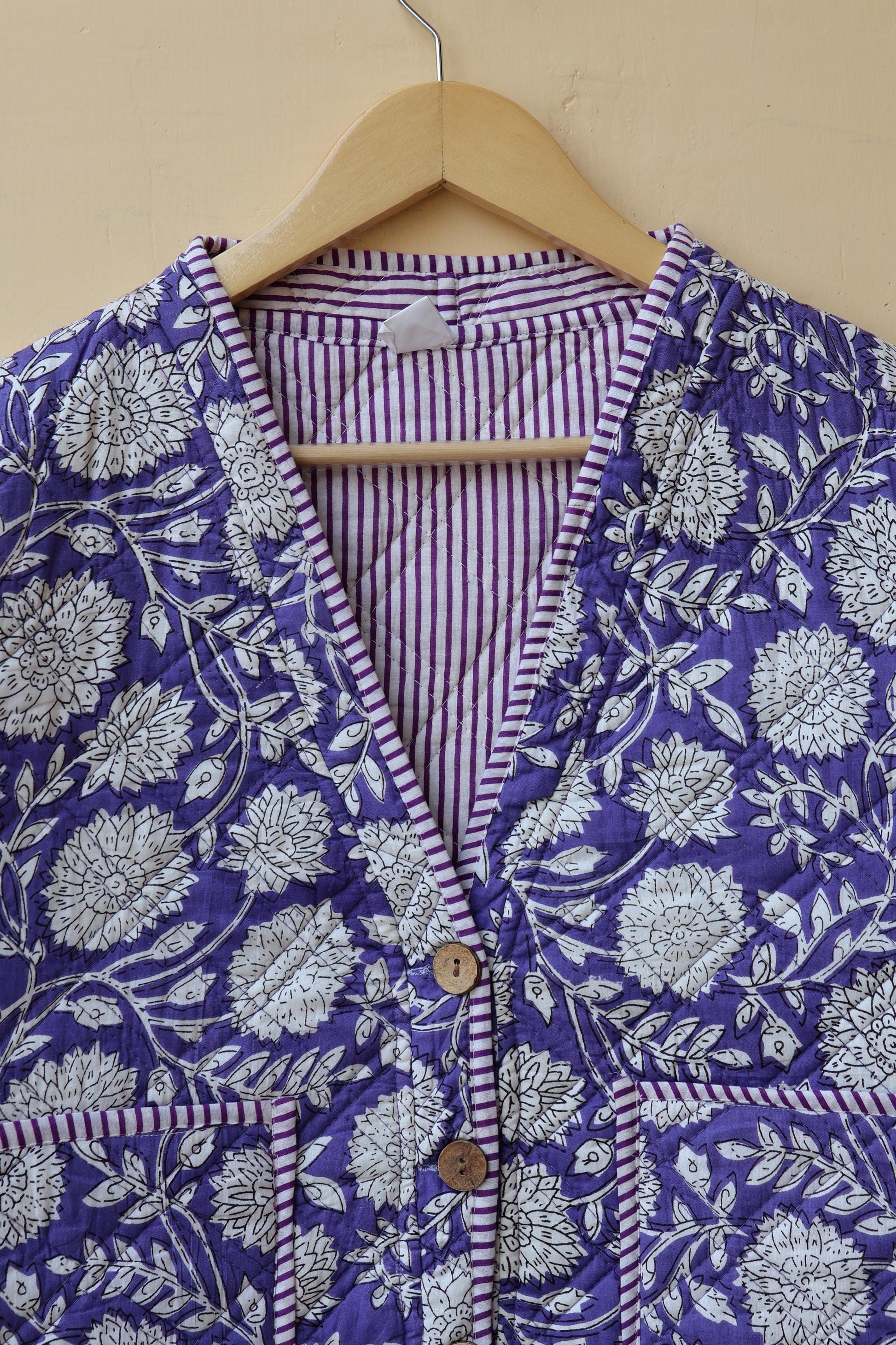 Handmade Cotton Quilted Jacket - Cozy Winter Outerwear Reversible Kantha V-Neck Coat Boho Hand Block Short Jacket, Valentine Gift for her