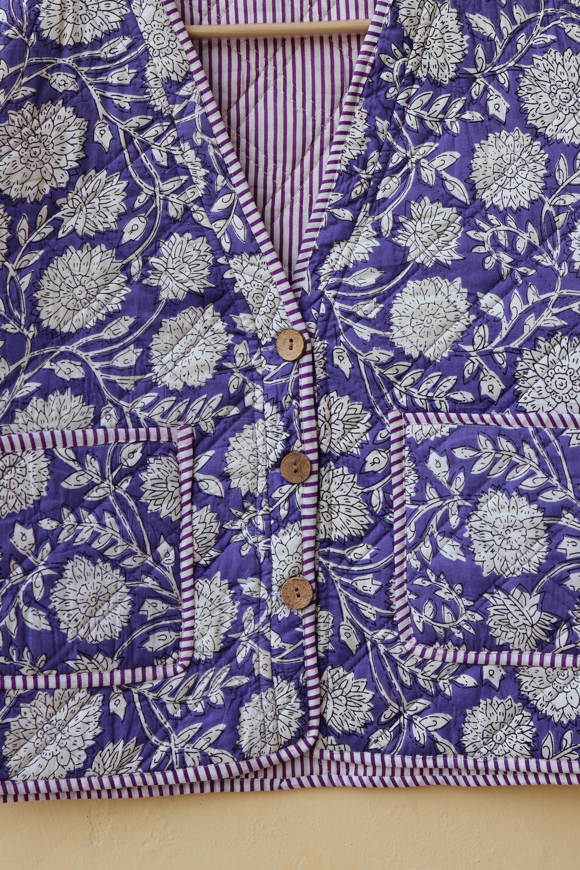Handmade Cotton Quilted Jacket - Cozy Winter Outerwear Reversible Kantha V-Neck Coat Boho Hand Block Short Jacket, Valentine Gift for her
