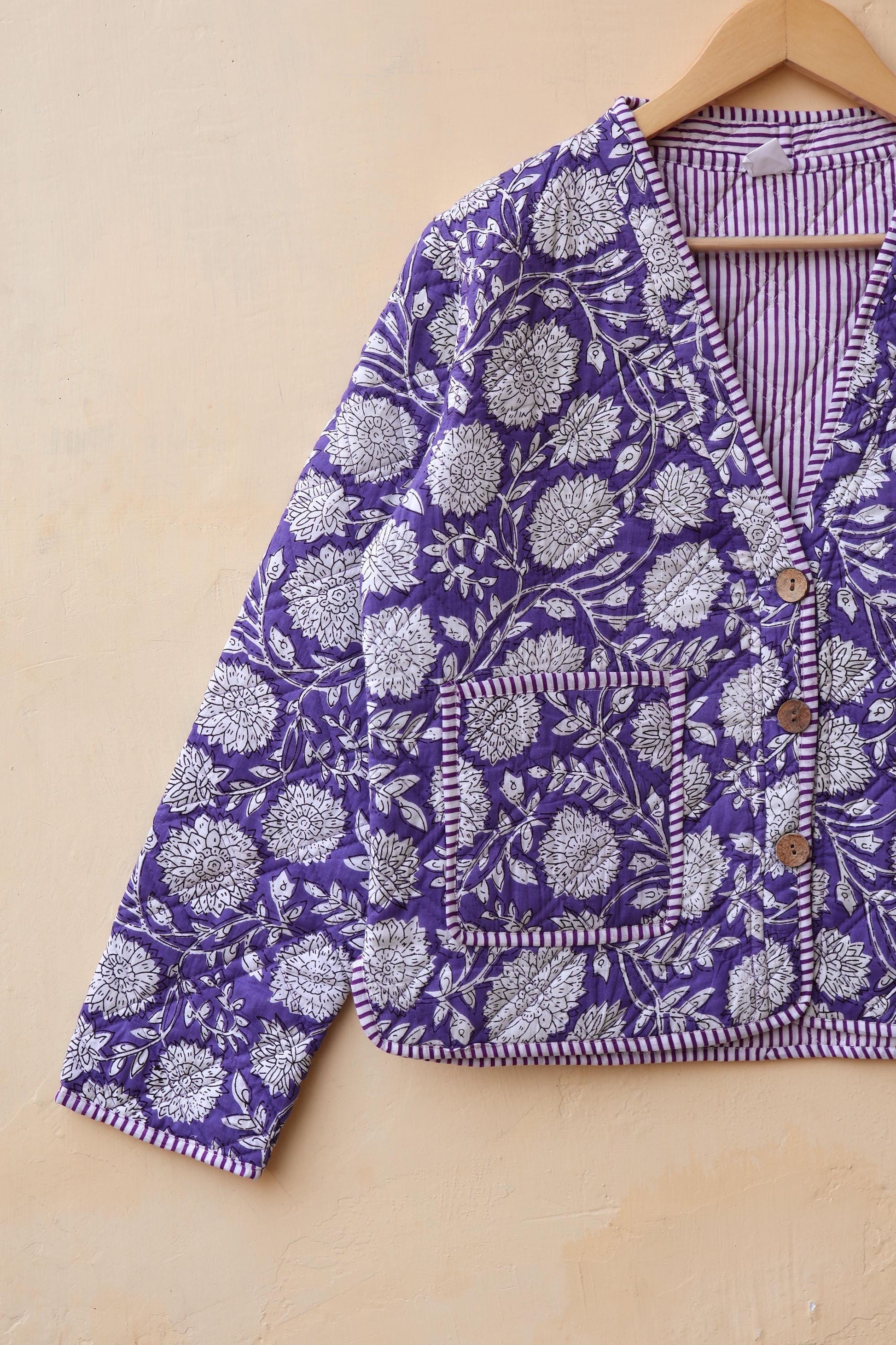 Handmade Cotton Quilted Jacket - Cozy Winter Outerwear Reversible Kantha V-Neck Coat Boho Hand Block Short Jacket, Valentine Gift for her