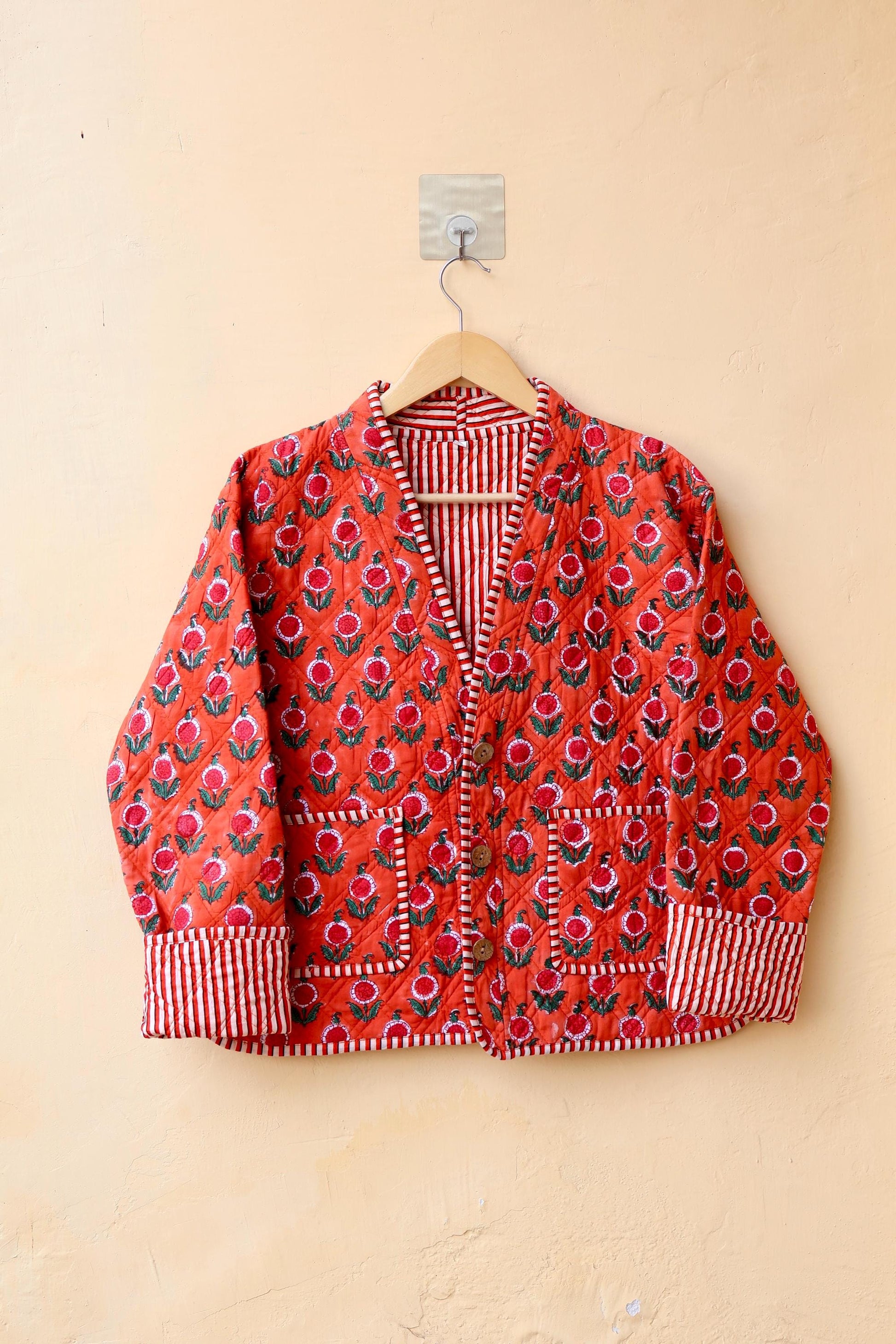 Vintage Indian Hand-Block Printed Cotton Kantha Patchwork Quilted Jacket, Women's Reversible Clothing Spring Kimono Jacket Gift for Her