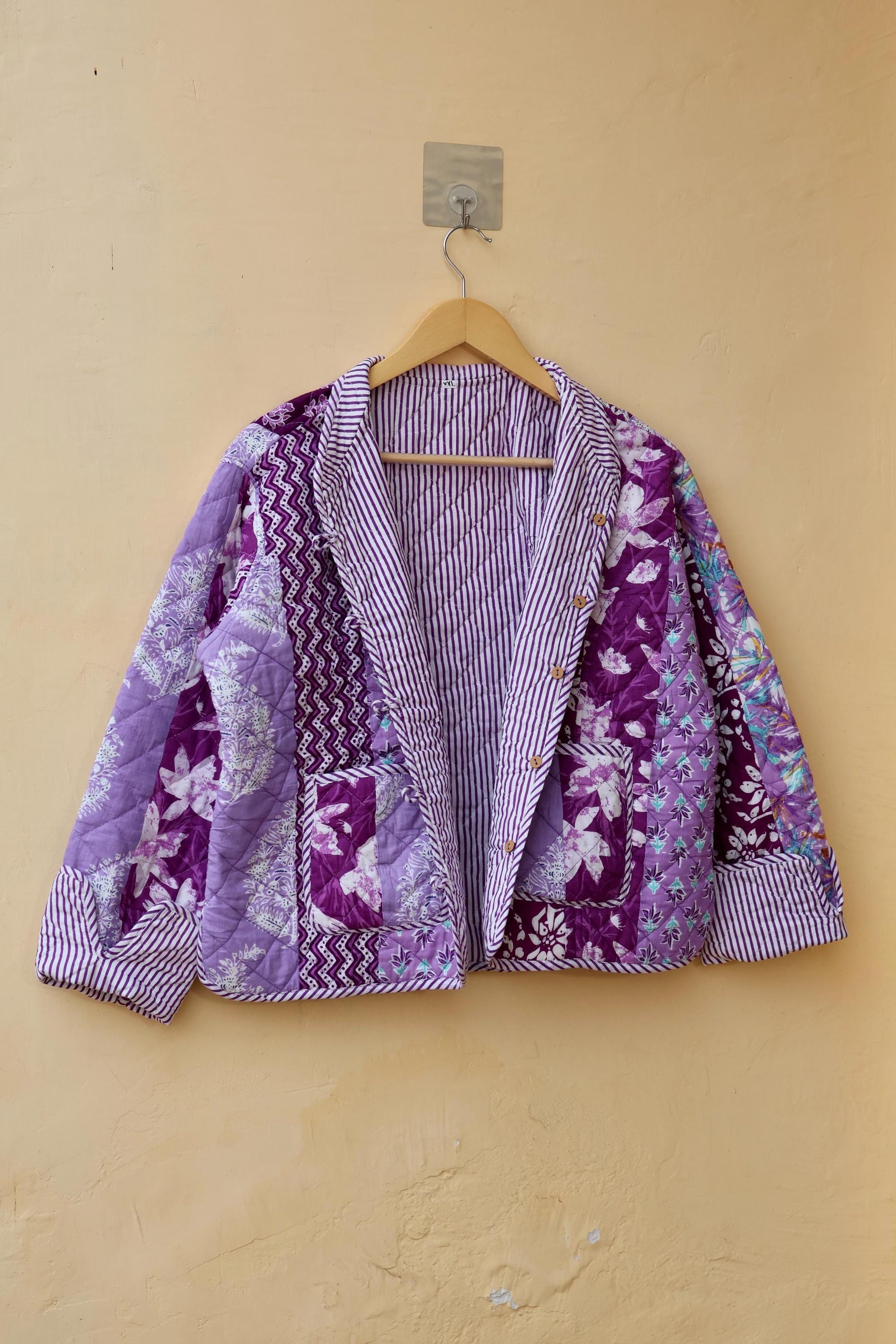 Handmade Indian Cotton Kantha Patchwork Quilted Jacket/Coat Block print Women's Reversible Clothing Kimono Vintage Valentine Gift for Her