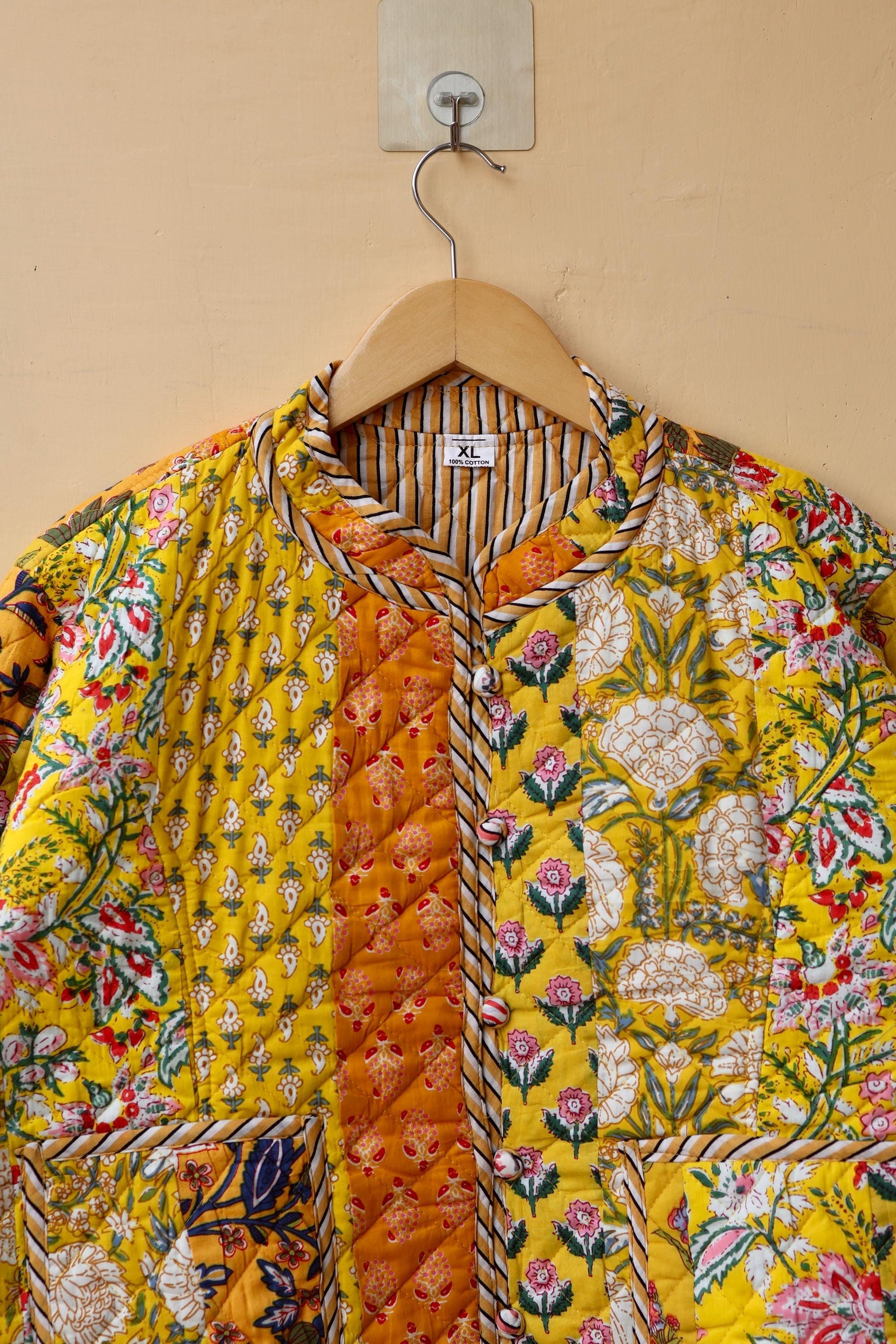 Indian Handmade Quilted Cotton Jacket Yellow Patchwork Women's Reversible Coat, Kimono Vintage Bohemian Jacket, Spring Style Gift for Her
