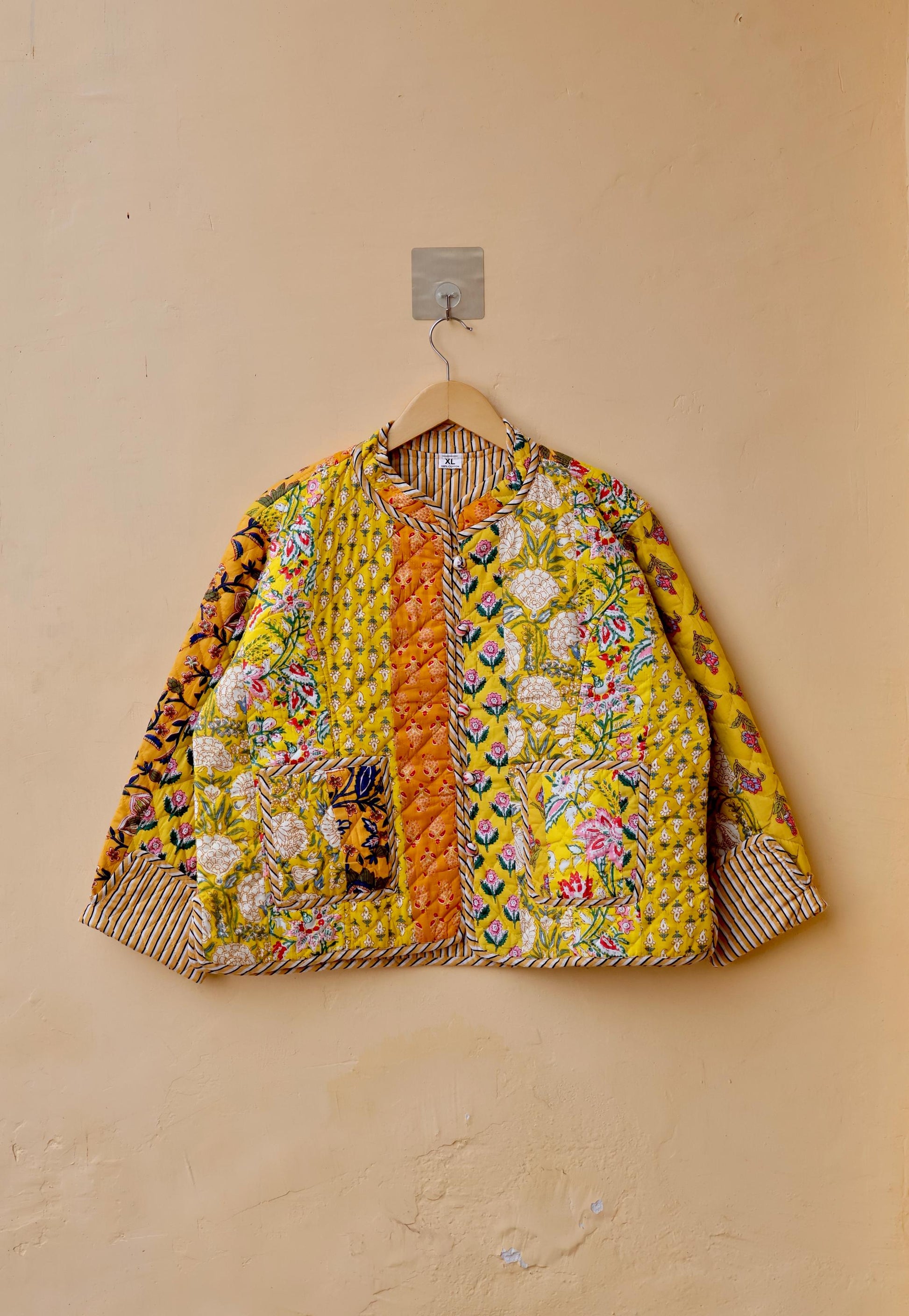 Indian Handmade Quilted Cotton Jacket Yellow Patchwork Women's Reversible Coat, Kimono Vintage Bohemian Jacket, Spring Style Gift for Her