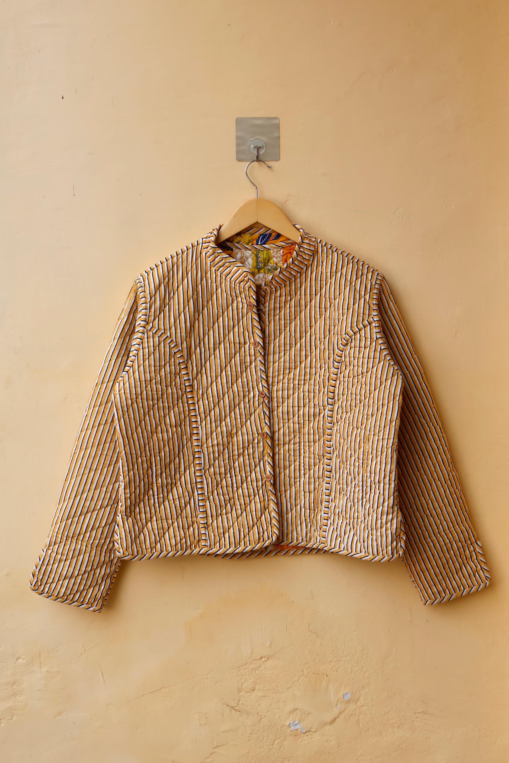 Indian Handmade Quilted Cotton Jacket Yellow Patchwork Women's Reversible Coat, Kimono Vintage Bohemian Jacket, Spring Style Gift for Her
