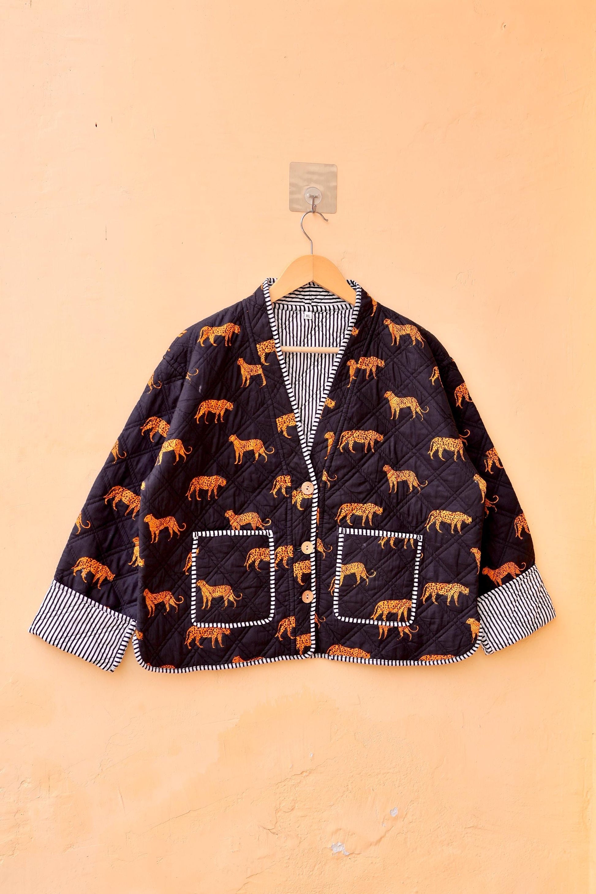 Cotton Quilted Jacket, Indian Handmade Kantha Boho Coat, Cheetah Print V-Neck Hand Block Women's Clothing Jacket, Spring Gift for her