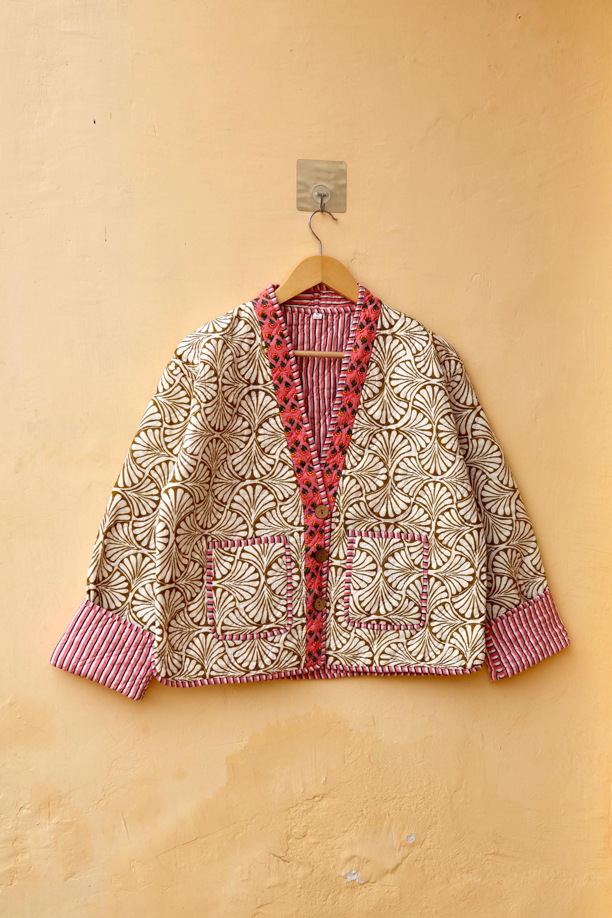 Vintage Indian Hand-Block Printed Cotton Kantha Floral Quilted Jacket, Women's Reversible Clothing Spring Kimono Jacket Gift for Her