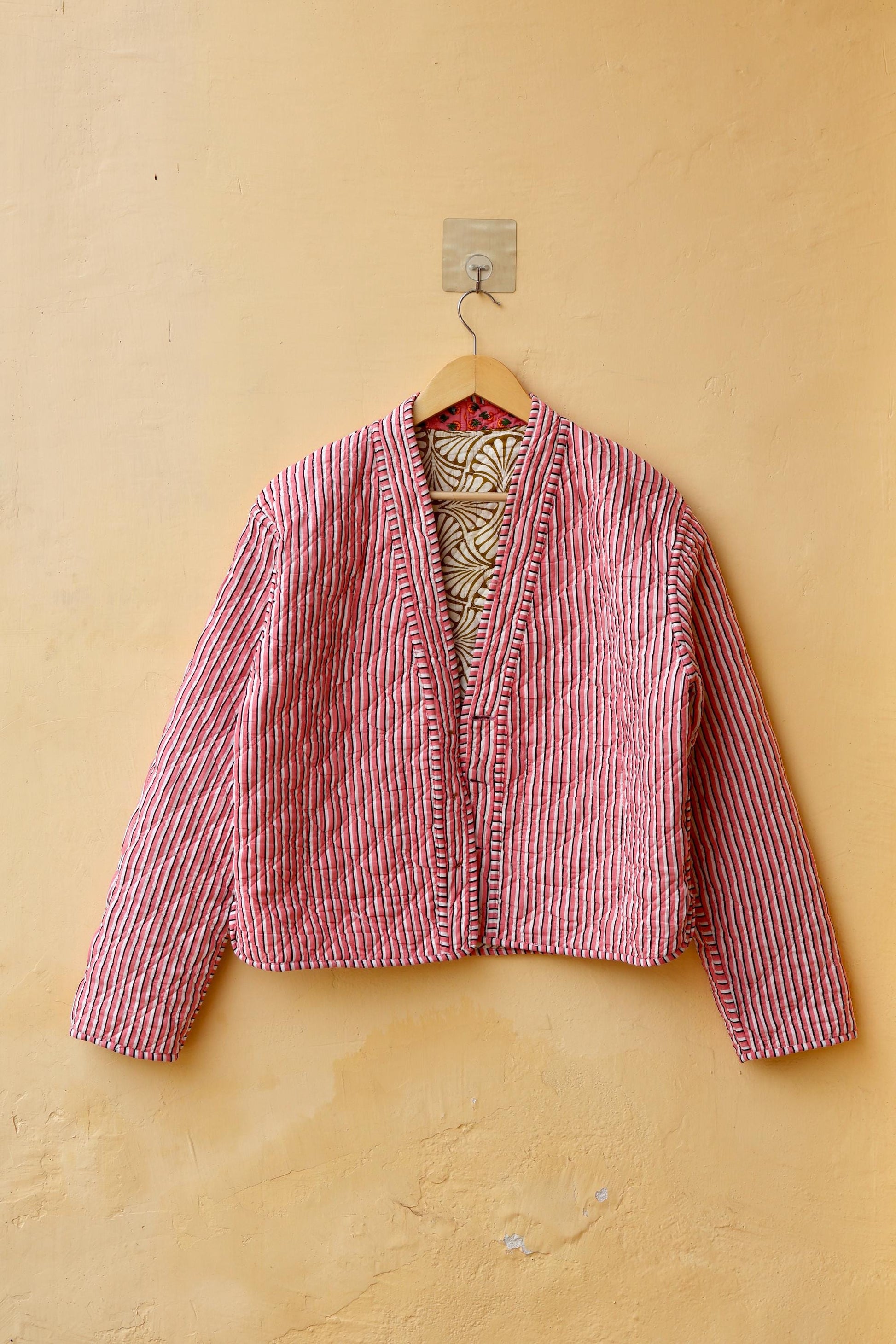 Vintage Indian Hand-Block Printed Cotton Kantha Floral Quilted Jacket, Women's Reversible Clothing Spring Kimono Jacket Gift for Her