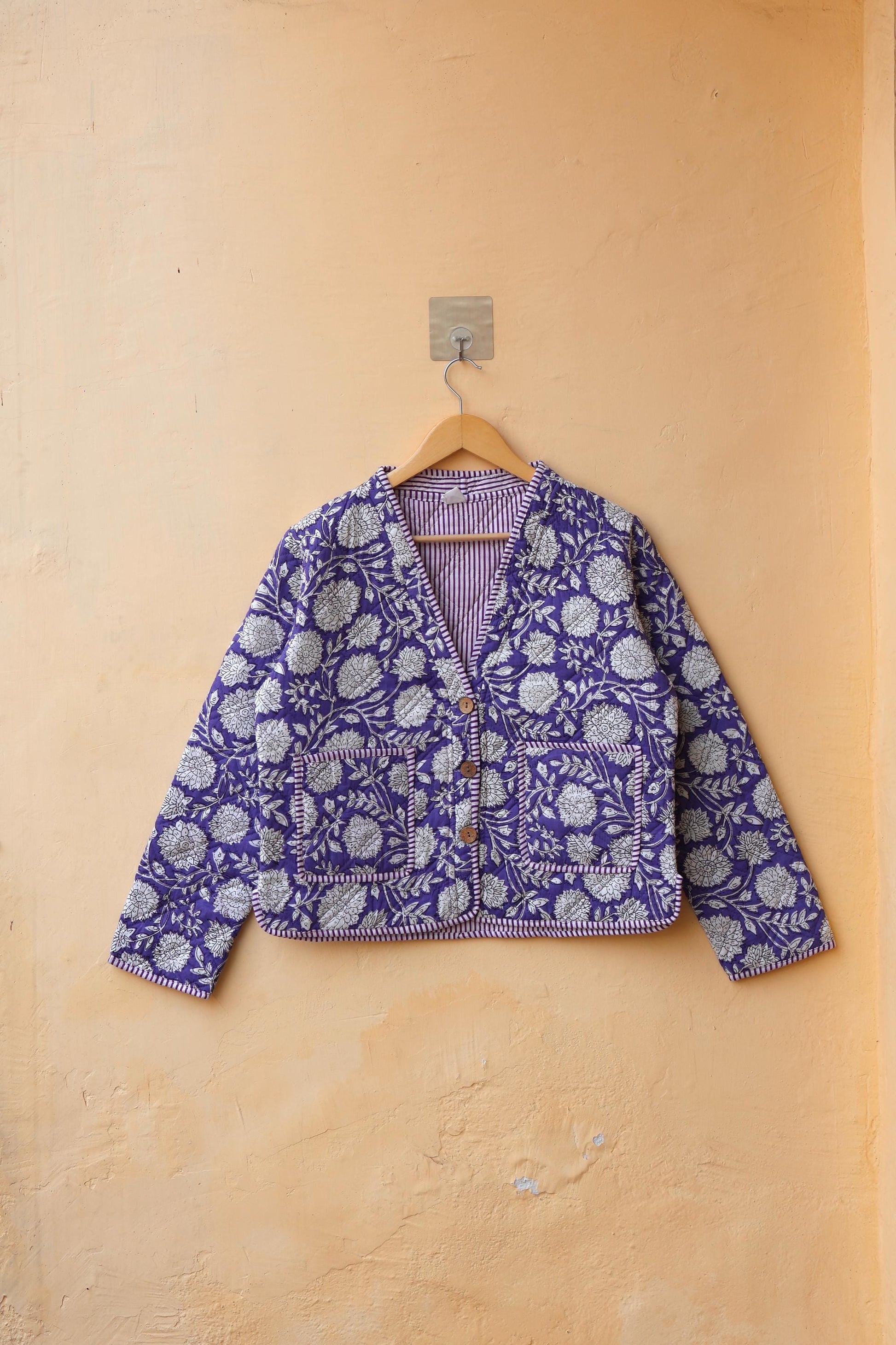 Handmade Cotton Quilted Jacket - Cozy Winter Outerwear Reversible Kantha V-Neck Coat Boho Hand Block Short Jacket, Valentine Gift for her