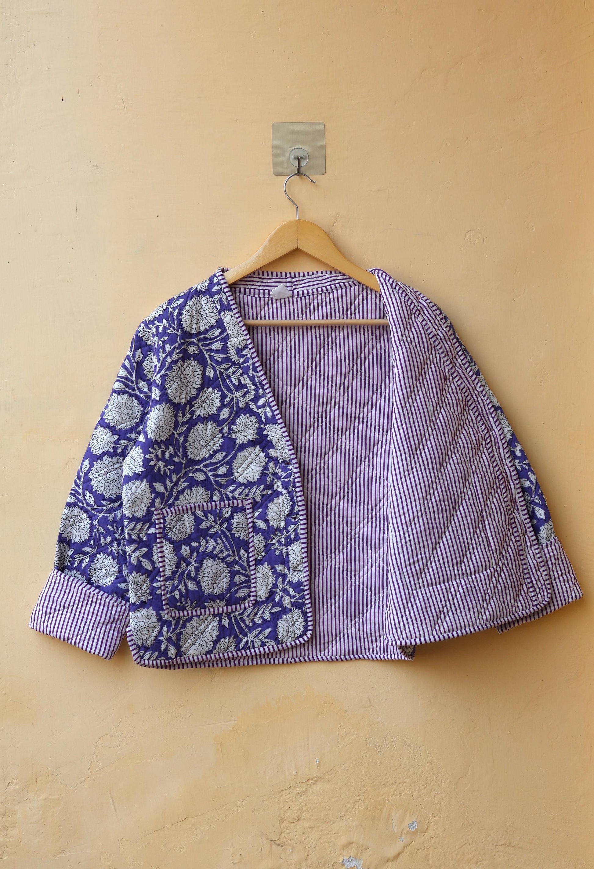 Handmade Cotton Quilted Jacket - Cozy Winter Outerwear Reversible Kantha V-Neck Coat Boho Hand Block Short Jacket, Valentine Gift for her