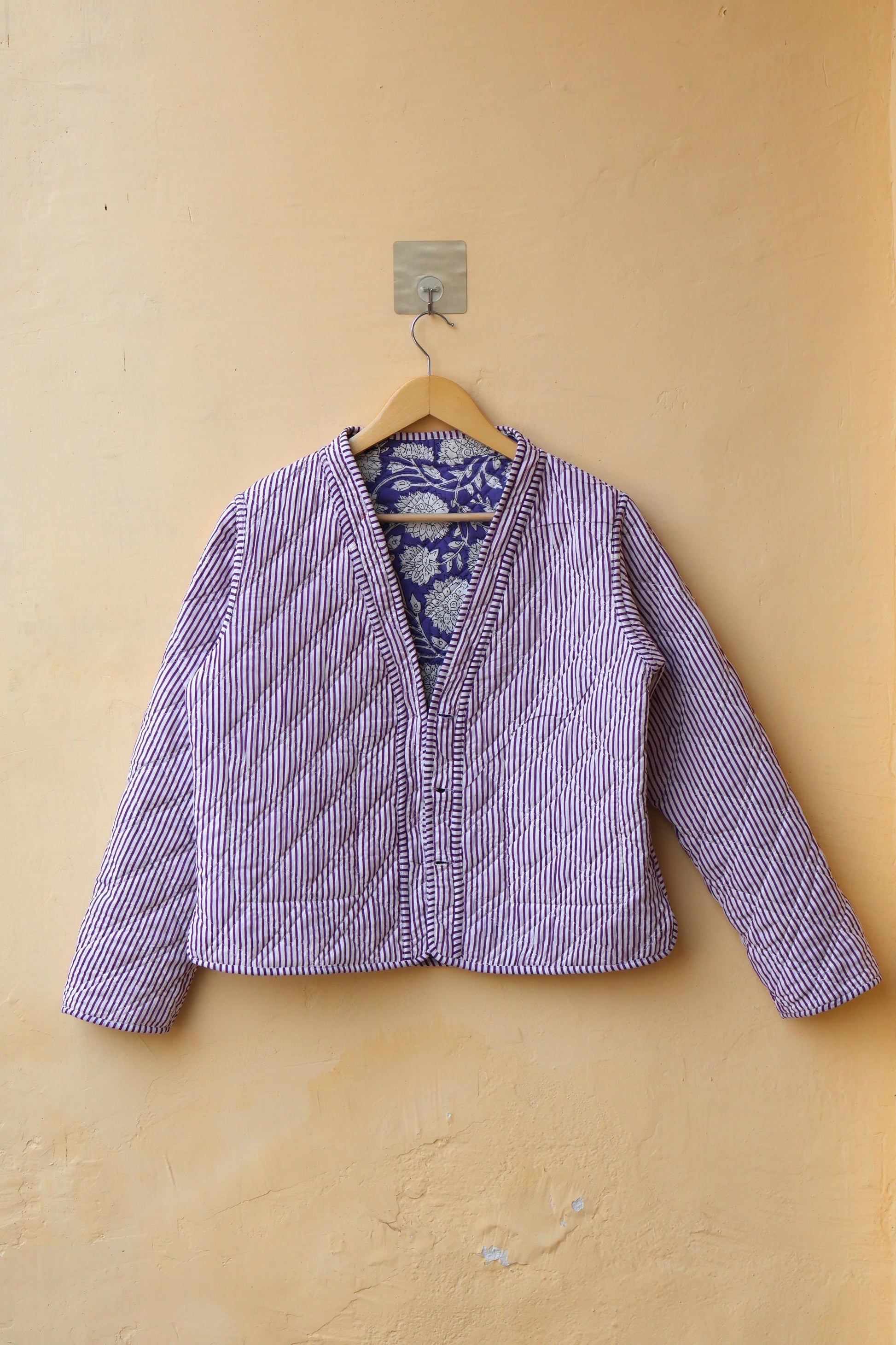 Handmade Cotton Quilted Jacket - Cozy Winter Outerwear Reversible Kantha V-Neck Coat Boho Hand Block Short Jacket, Valentine Gift for her