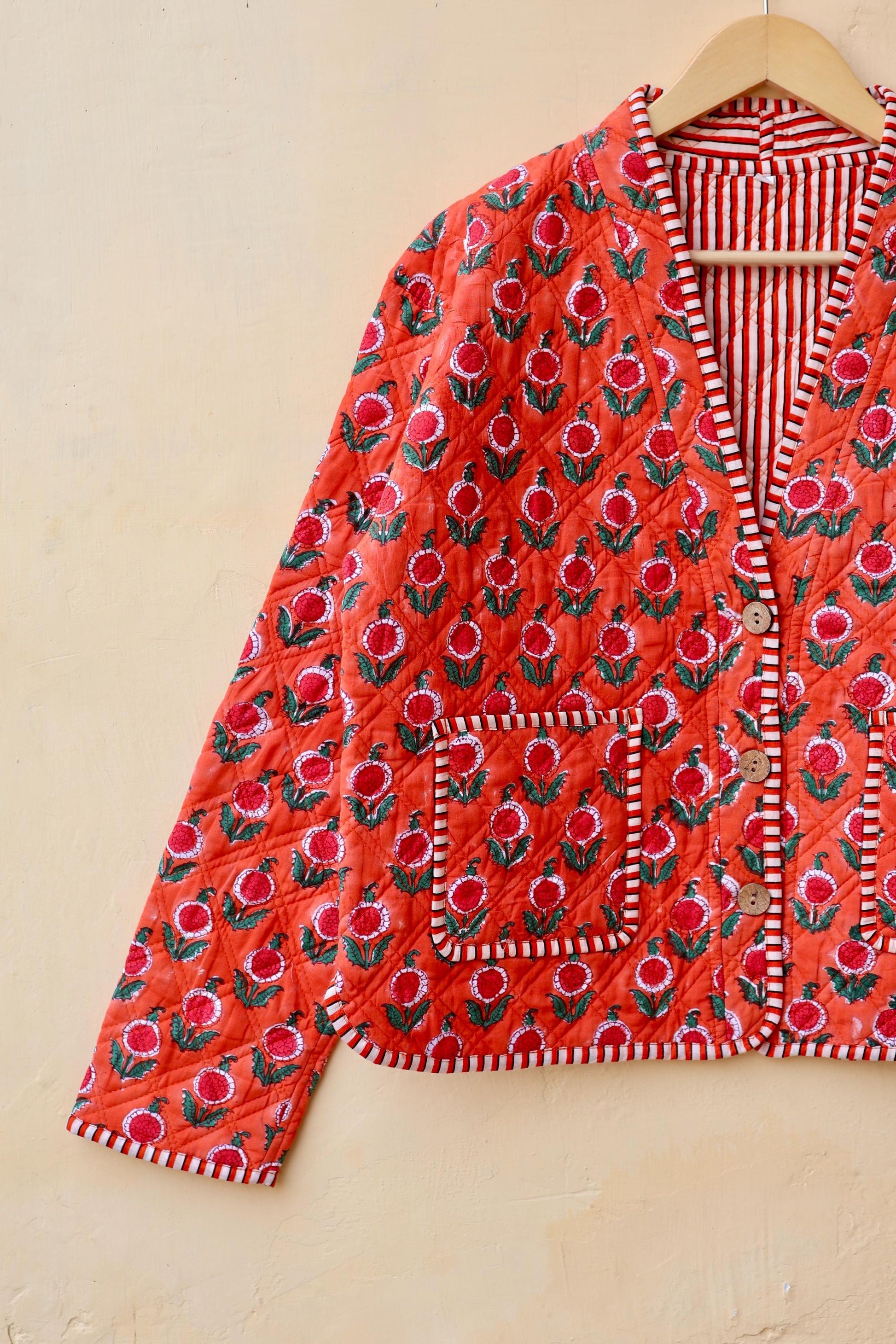 Vintage Indian Hand-Block Printed Cotton Kantha Patchwork Quilted Jacket, Women's Reversible Clothing Spring Kimono Jacket Gift for Her