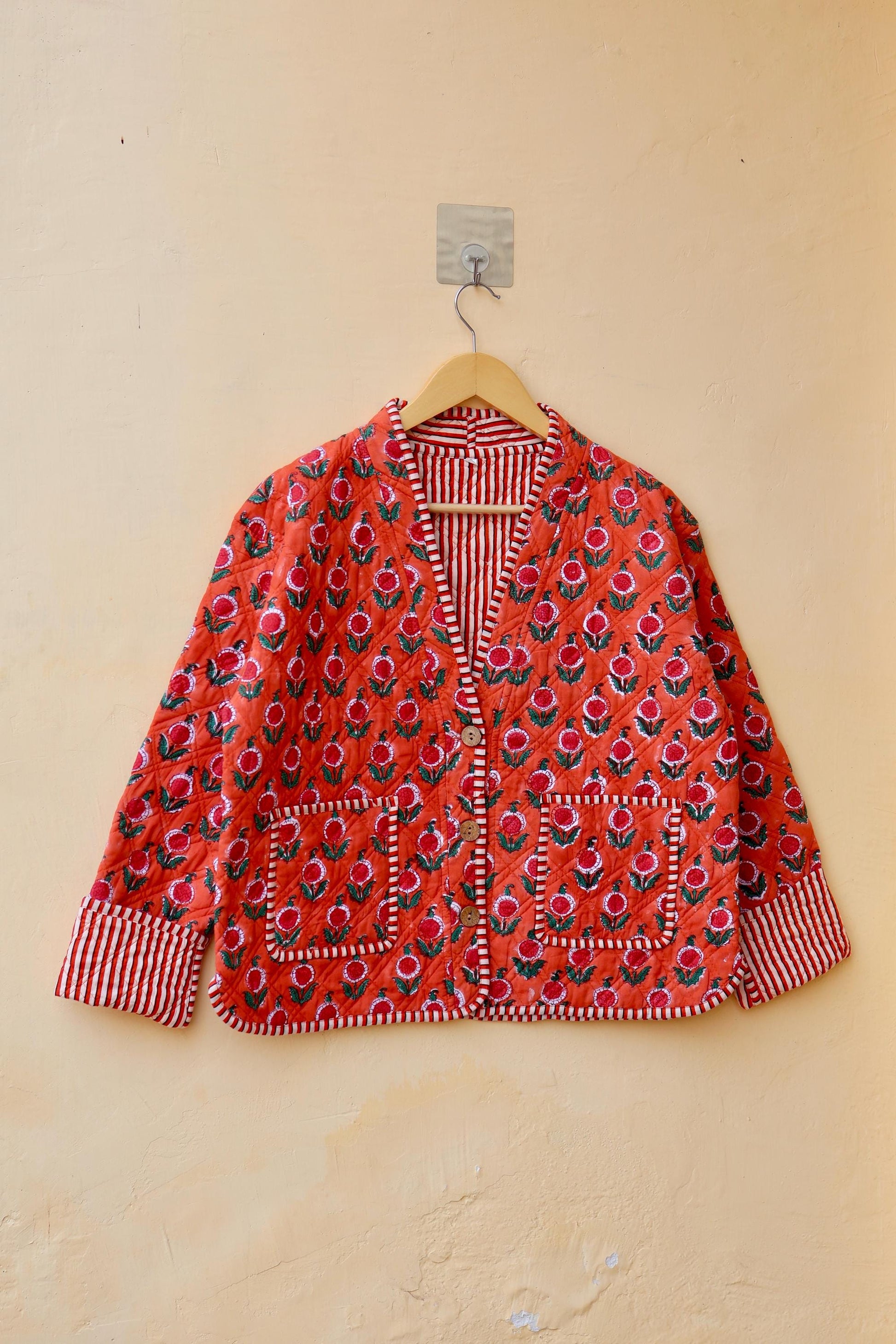 Vintage Indian Hand-Block Printed Cotton Kantha Patchwork Quilted Jacket, Women's Reversible Clothing Spring Kimono Jacket Gift for Her