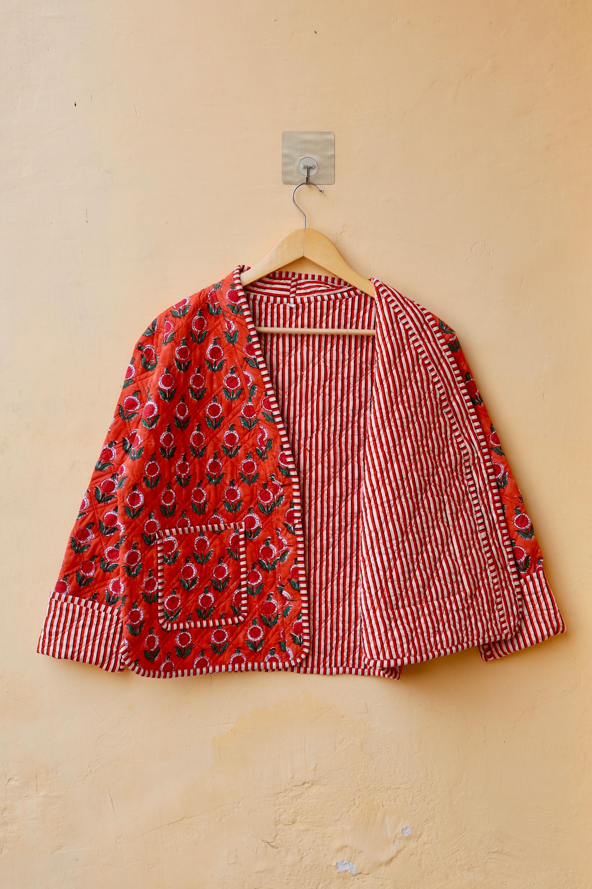 Vintage Indian Hand-Block Printed Cotton Kantha Patchwork Quilted Jacket, Women's Reversible Clothing Spring Kimono Jacket Gift for Her