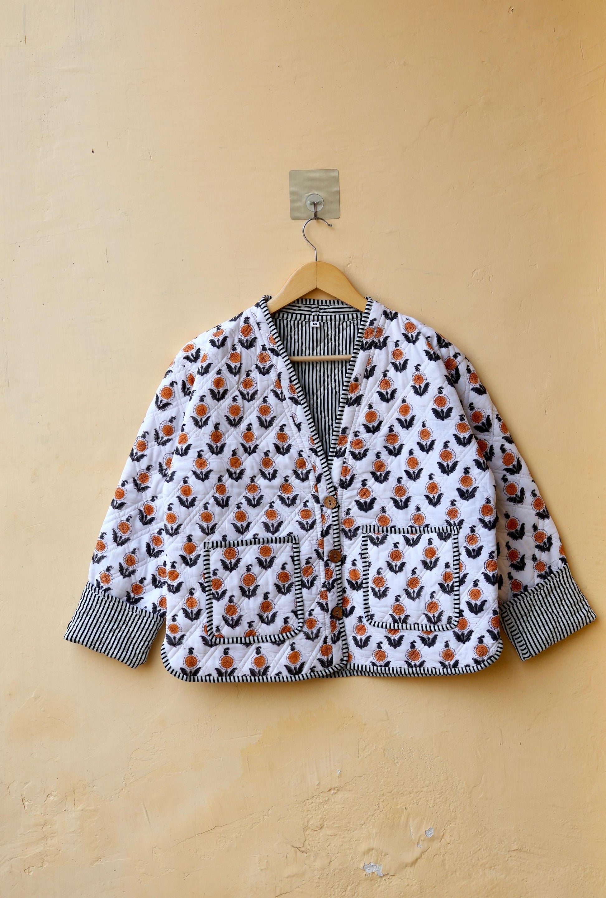Handmade Cotton Quilted Jacket - Cozy Winter Outerwear Reversible Kantha V-Neck Coat Boho Hand Block Short Jacket, Valentine Gift for her