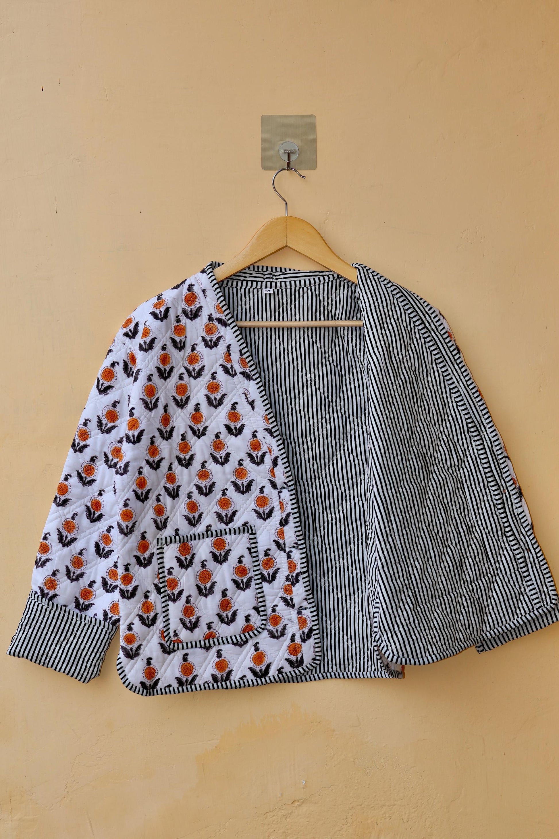 Handmade Cotton Quilted Jacket - Cozy Winter Outerwear Reversible Kantha V-Neck Coat Boho Hand Block Short Jacket, Valentine Gift for her