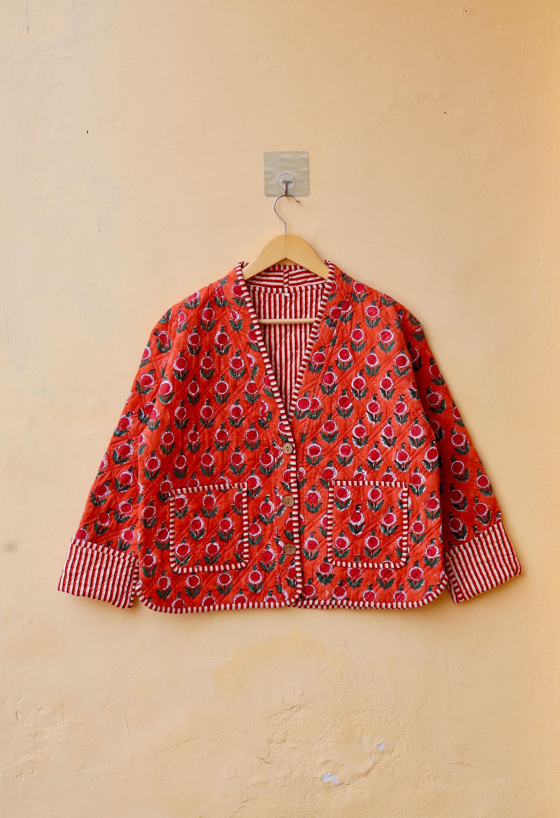 Vintage Indian Hand-Block Printed Cotton Kantha Patchwork Quilted Jacket, Women's Reversible Clothing Spring Kimono Jacket Gift for Her