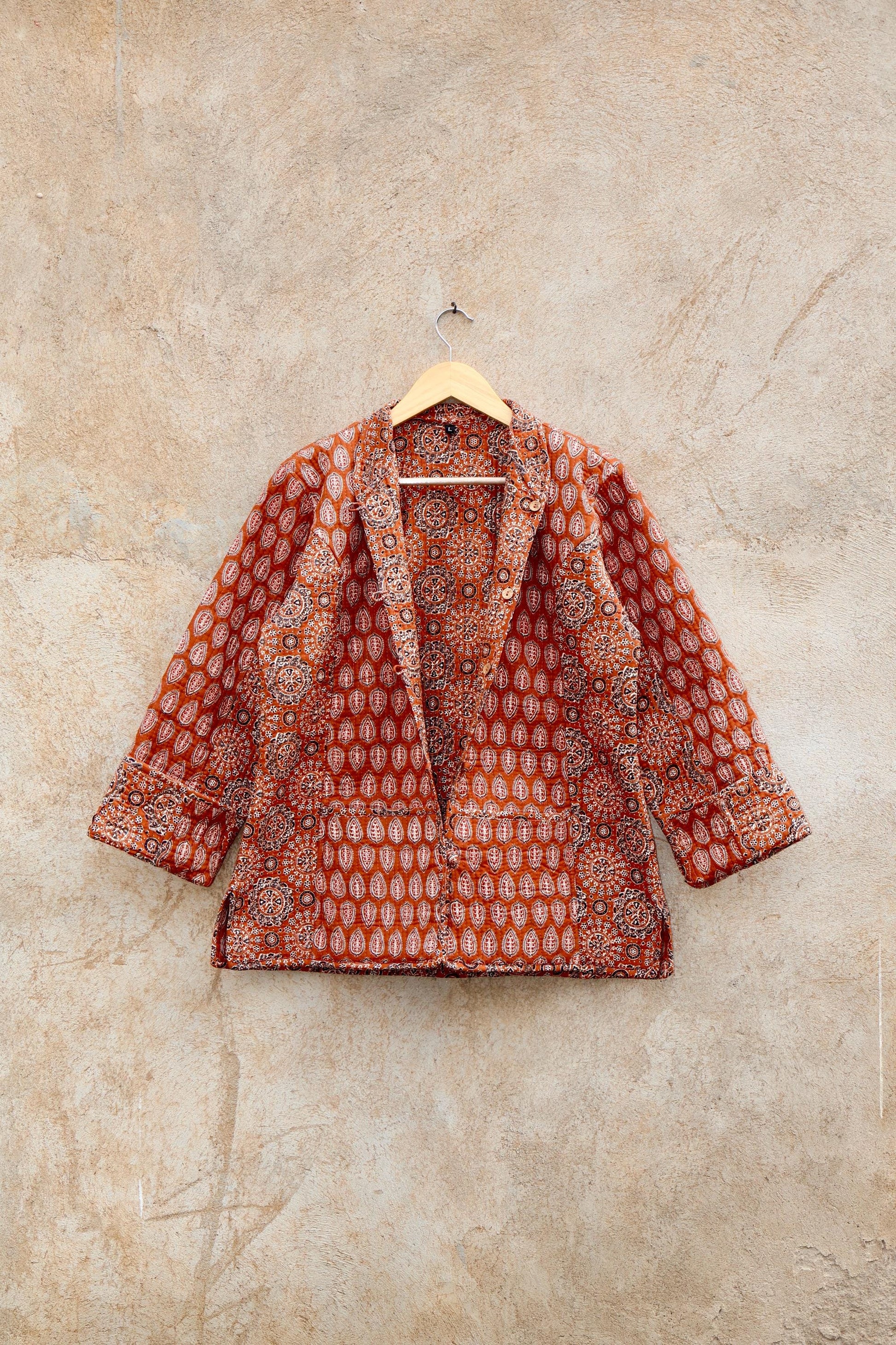 Indian Hand Block Printed Cotton Quilted Jacket, Kantha Kimono Robe, Vintage Boho Kimono Style Women's Coat, Spring Jacket Gift for her