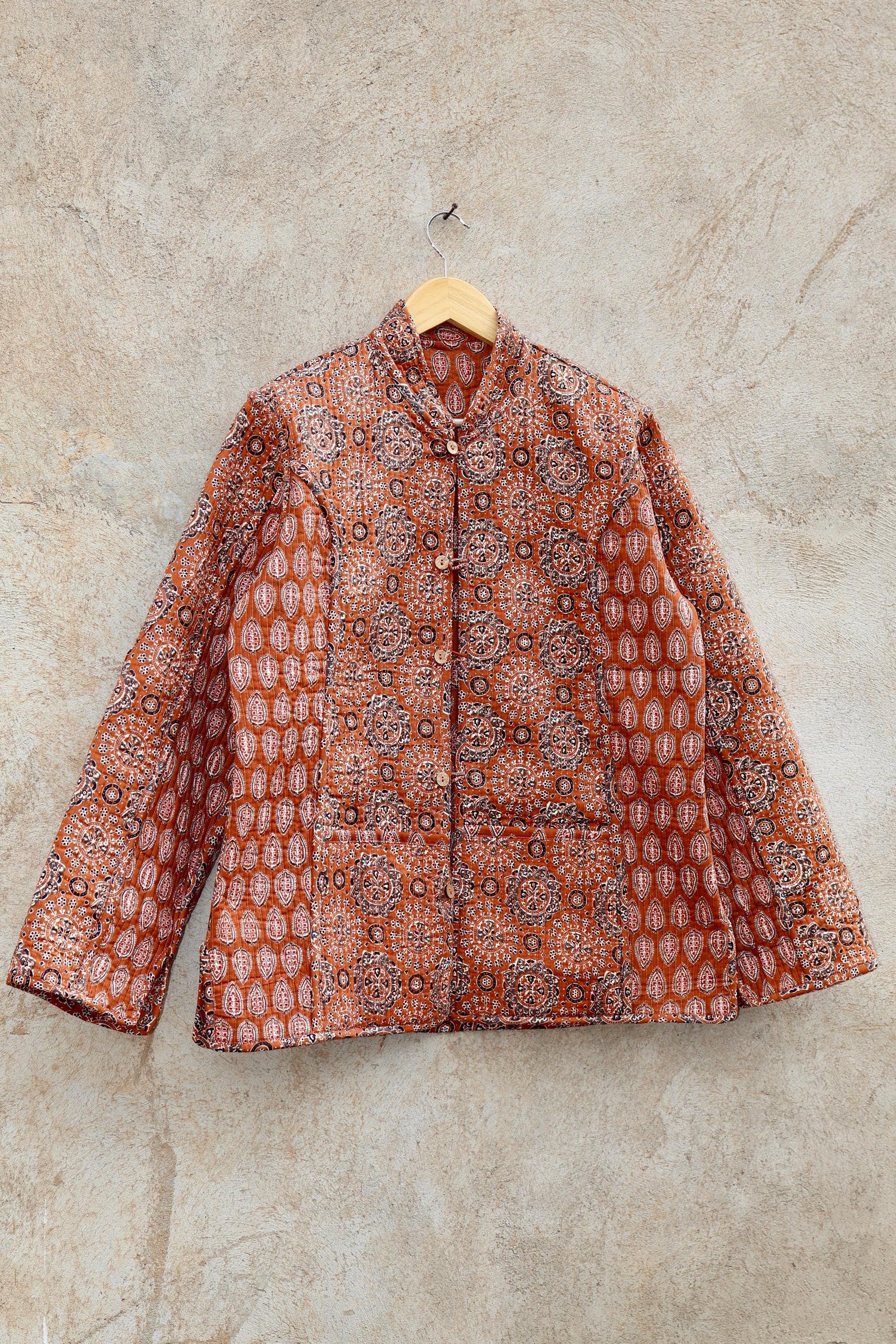 Indian Hand Block Printed Cotton Quilted Jacket, Kantha Kimono Robe, Vintage Boho Kimono Style Women's Coat, Spring Jacket Gift for her
