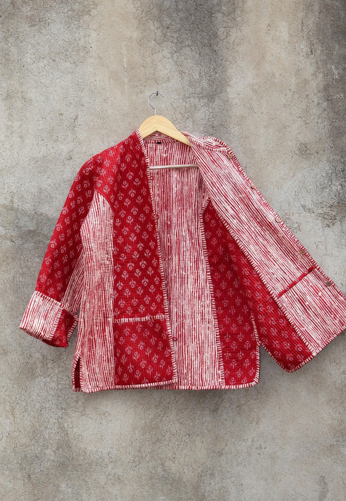 Indian Hand Block Printed Cotton Quilted Jacket, Kantha Kimono Robe, Vintage Boho Kimono Style Women's Coat, Spring Jacket Gift for her