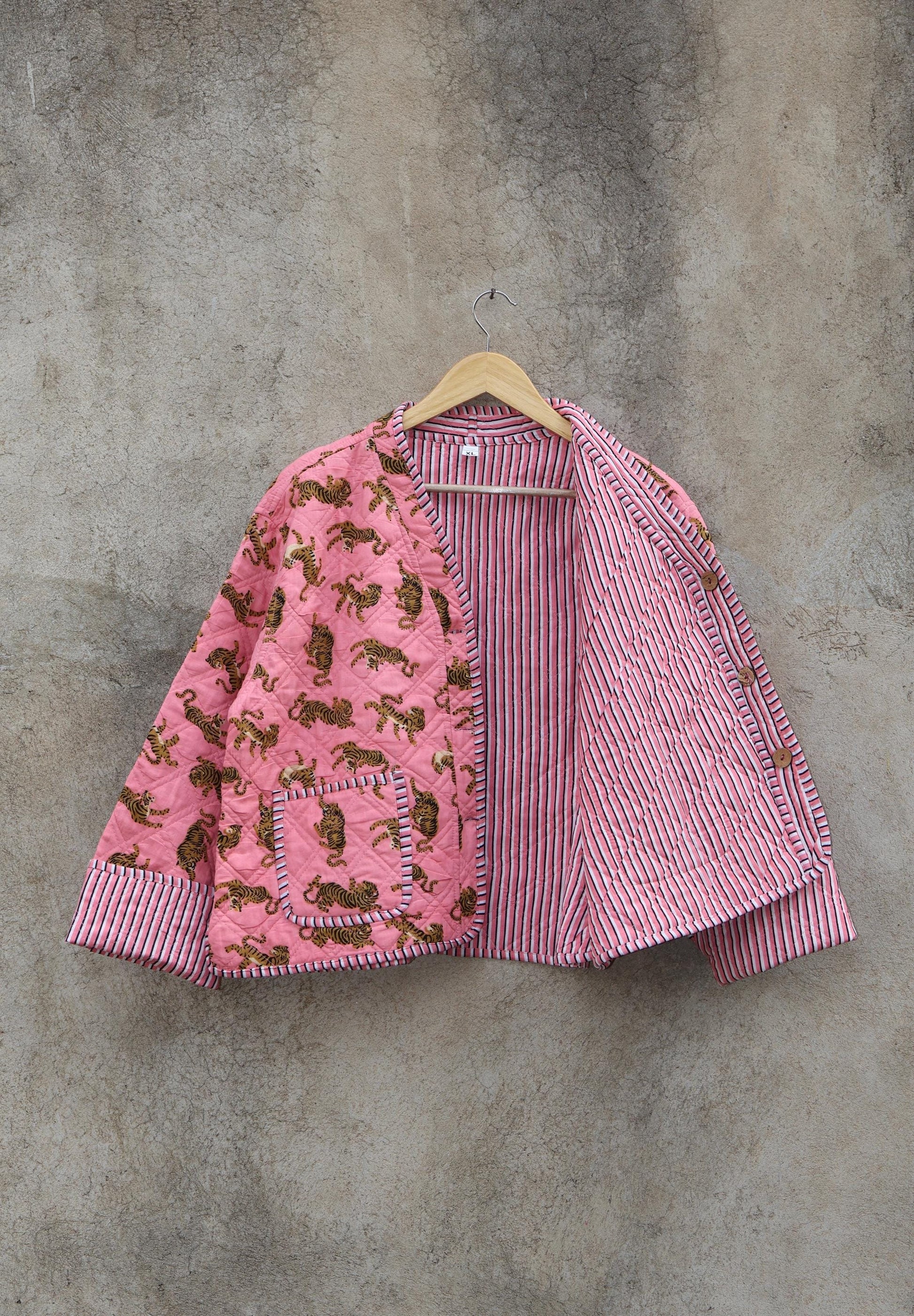 Cotton Quilted Jacket V-Neck New Style Kantha Jacket Hand Block Print Floral Indian Womens Clothing Coat, Boho Jacket Valentine Gift for Her