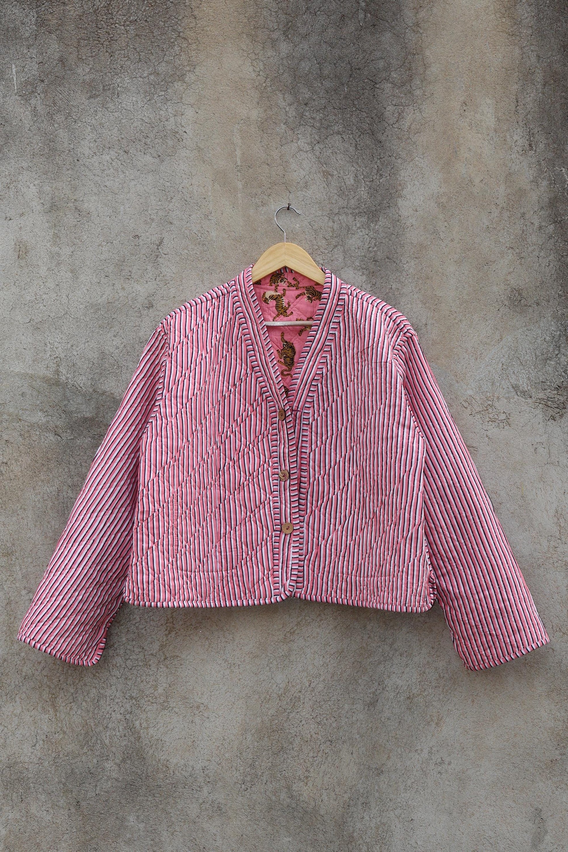 Cotton Quilted Jacket V-Neck New Style Kantha Jacket Hand Block Print Floral Indian Womens Clothing Coat, Boho Jacket Valentine Gift for Her
